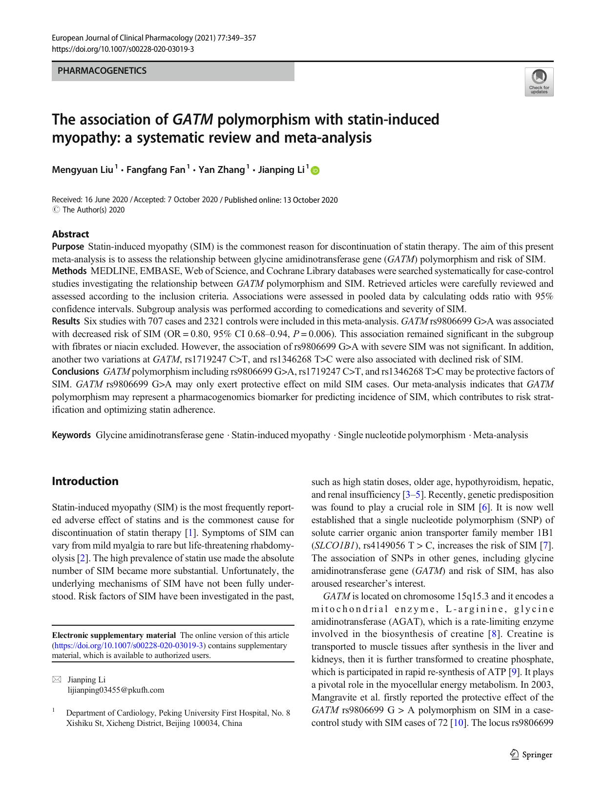 The association of GATM polymorphism with statin-induced myopathy: a systematic review and meta-analysis by Mengyuan Liu & Fangfang Fan & Yan Zhang & Jianping Li