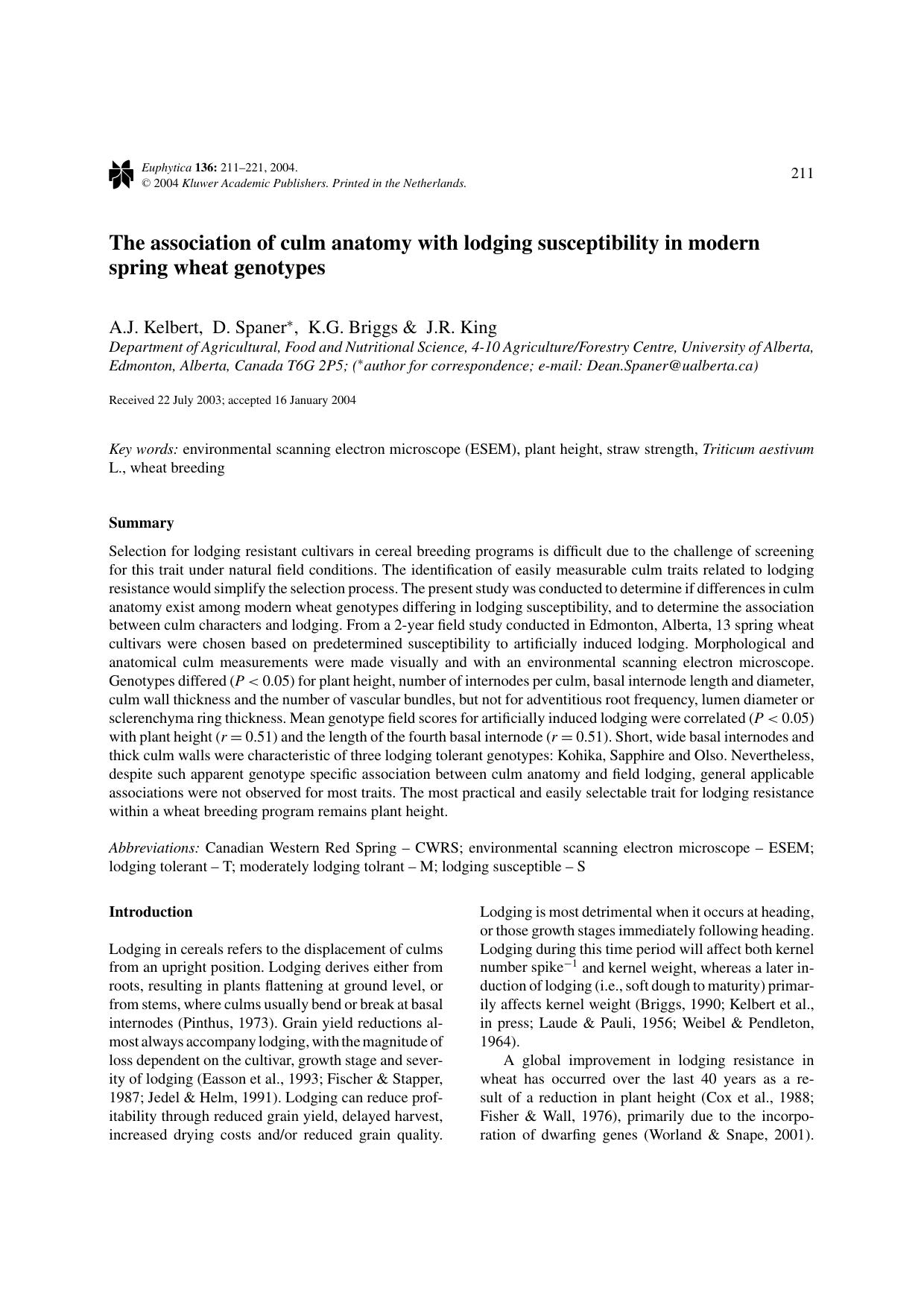 The association of culm anatomy with lodging susceptibility in modern spring wheat genotypes by Unknown