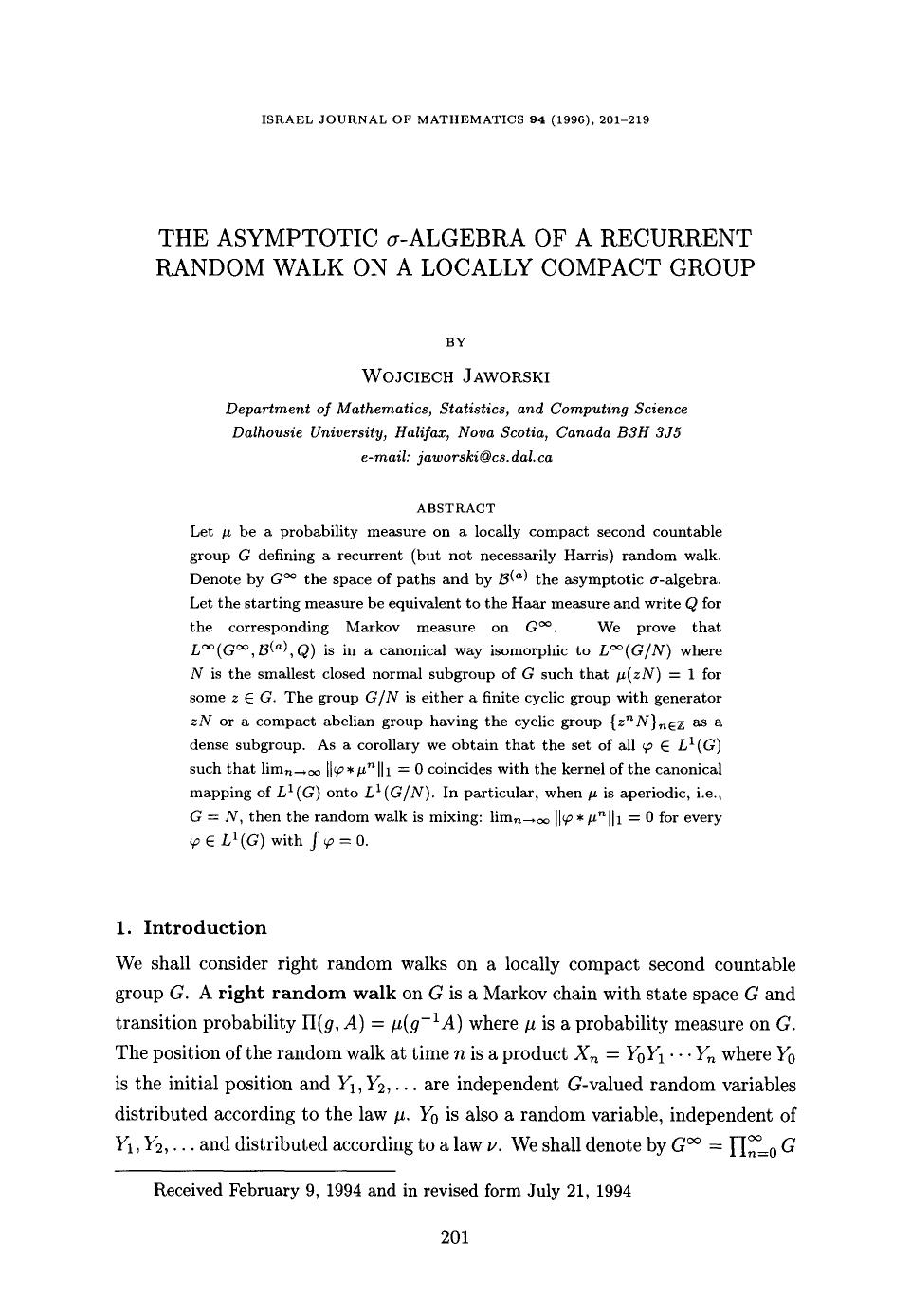 The asymptotic &#x03C3;-algebra of a recurrent random walk on a locally compact group by Unknown