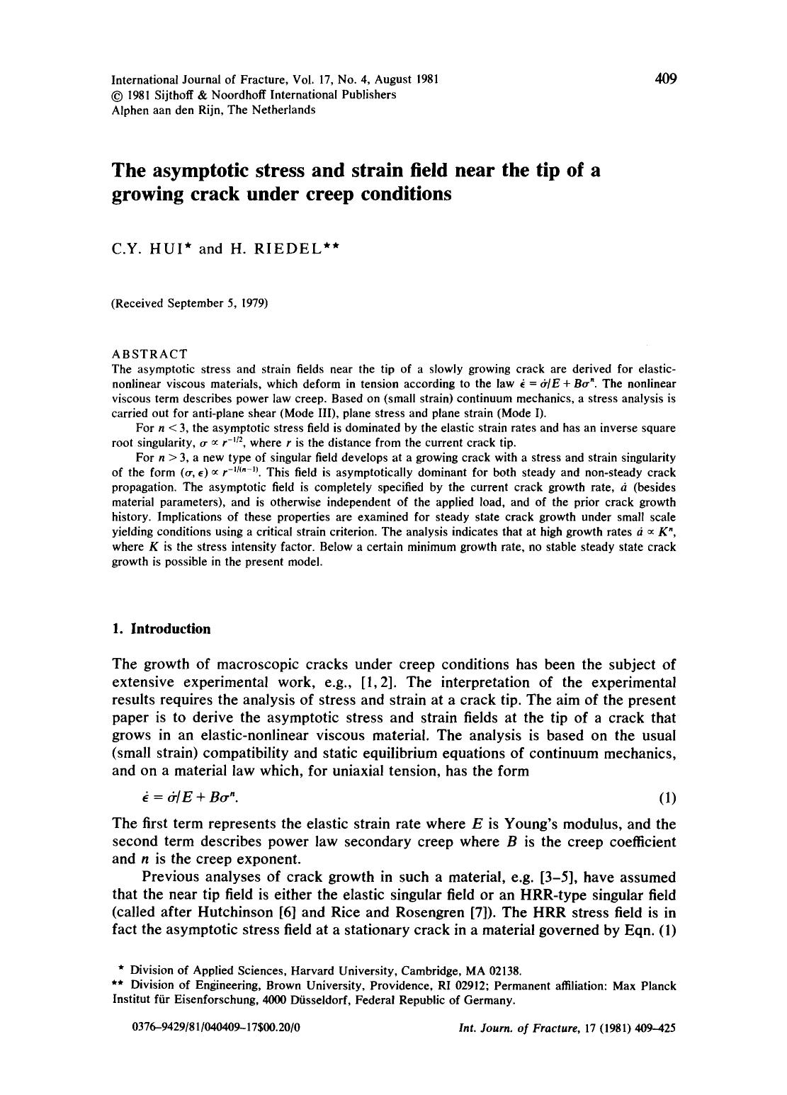 The asymptotic stress and strain field near the tip of a growing crack under creep conditions by Unknown
