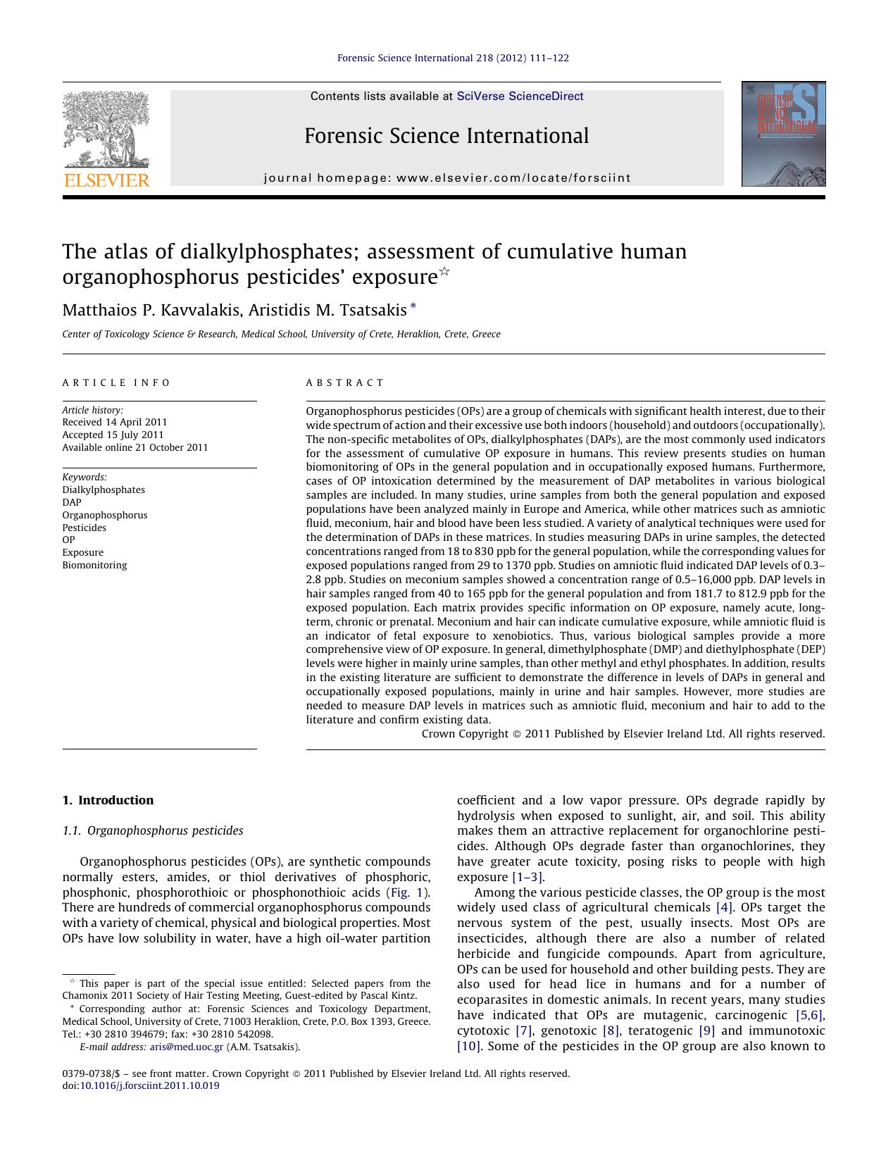 The atlas of dialkylphosphates; assessment of cumulative human organophosphorus pesticidesâ exposure by Matthaios P. Kavvalakis