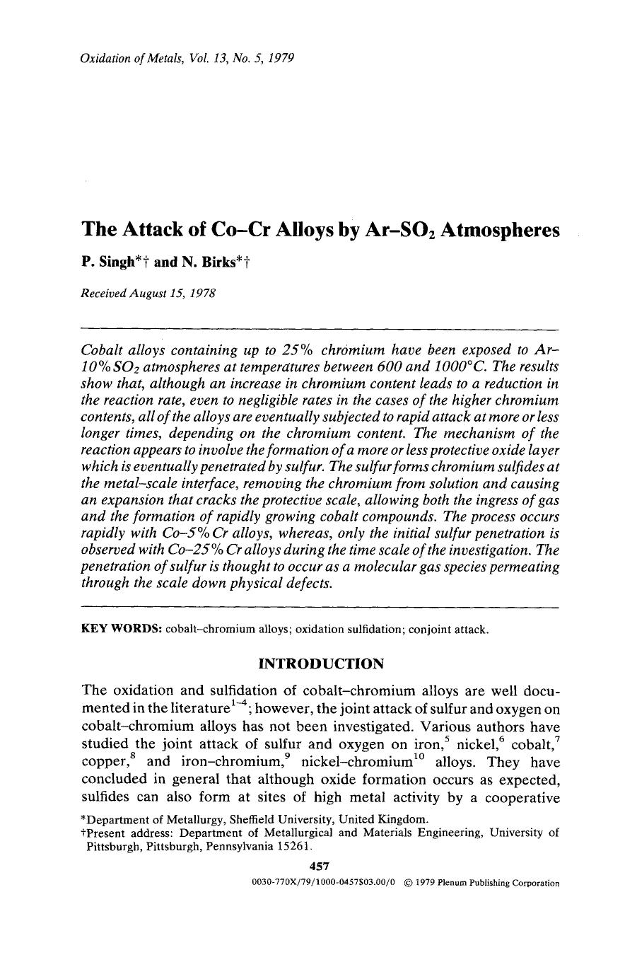 The attack of Co-Cr alloys by Ar-SO <Subscript>2 <Subscript> atmospheres by Unknown