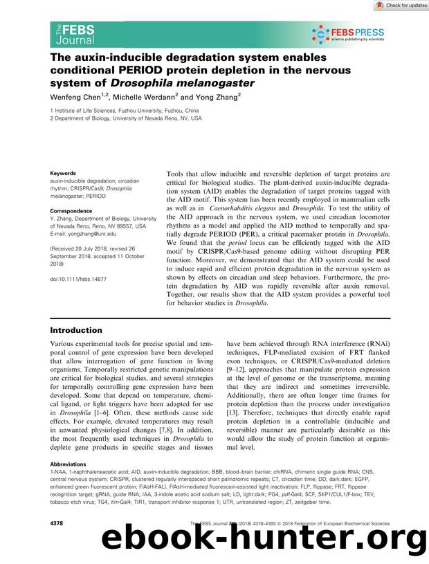 The auxinâinducible degradation system enables conditional PERIOD protein depletion in the nervous system of Drosophila melanogaster by Unknown