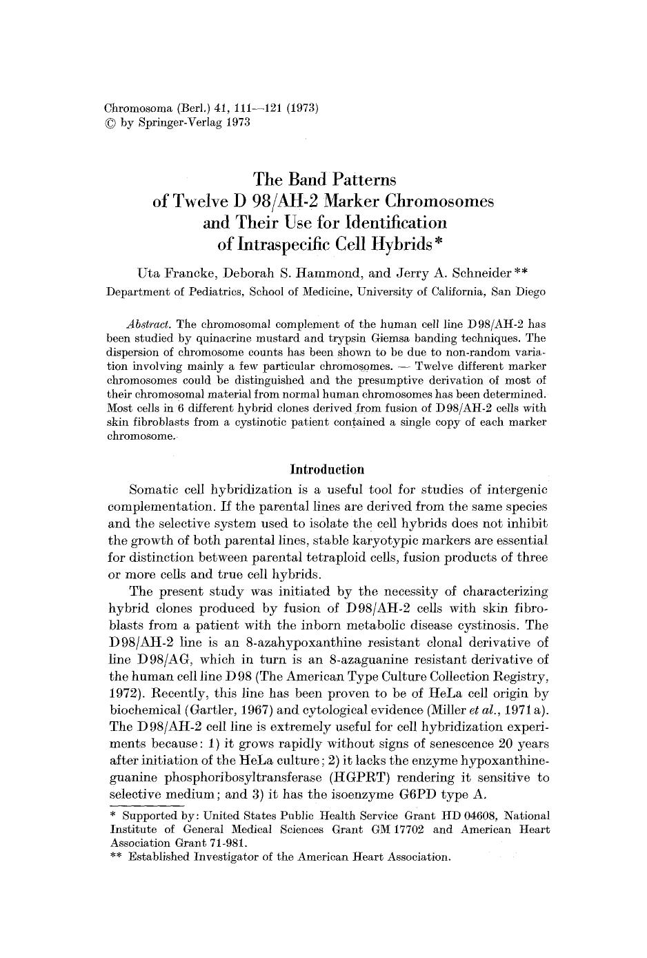 The band patterns of twelve D 98AH-2 marker chromosomes and their use for identification of intraspecific cell hybrids by Unknown