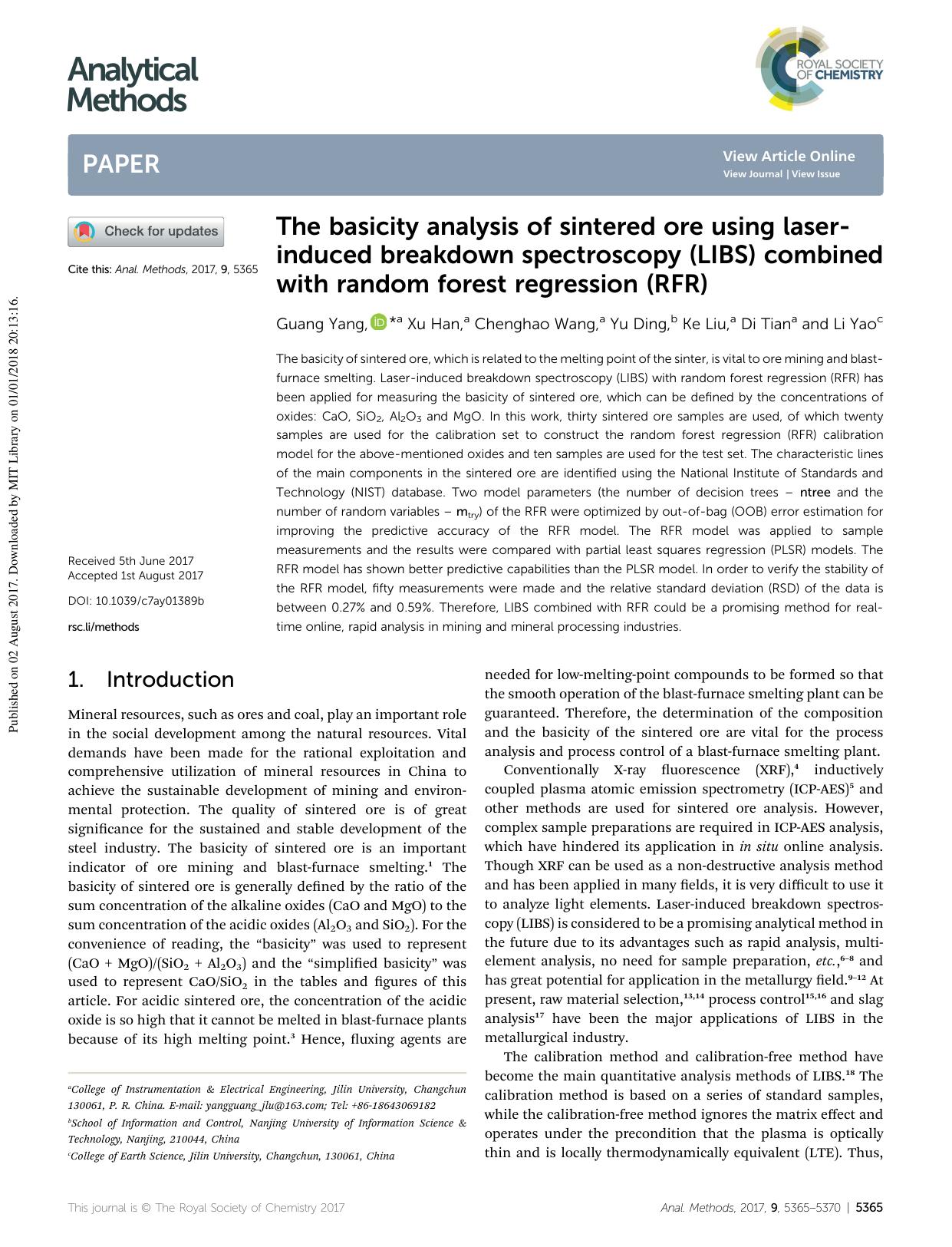 The basicity analysis of sintered ore using laser-induced breakdown spectroscopy (LIBS) combined with random forest regression (RFR) by Guang Yang & Xu Han & Chenghao Wang & Yu Ding & Ke Liu & Di Tian & Li Yao