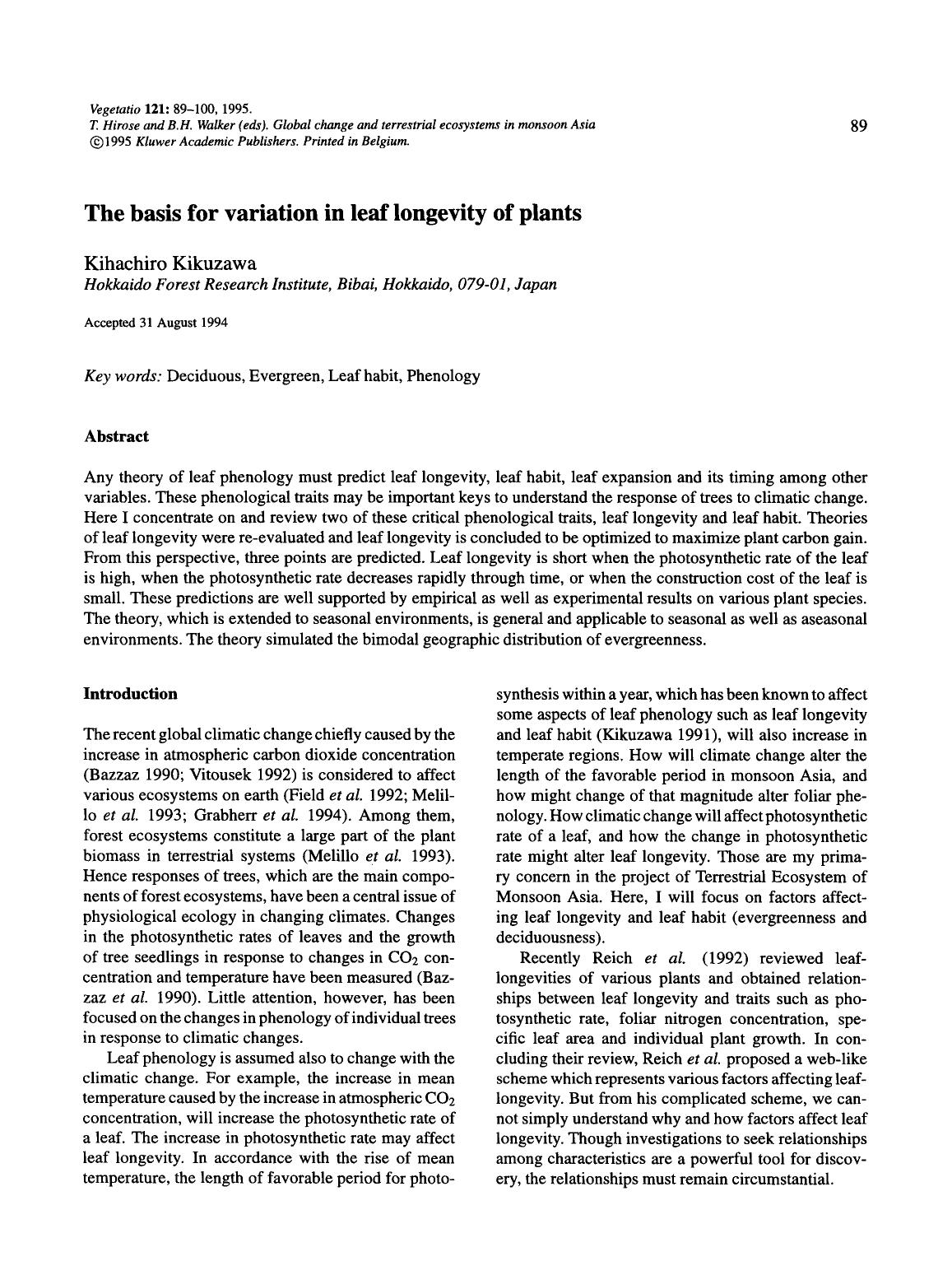 The basis for variation in leaf longevity of plants by Unknown