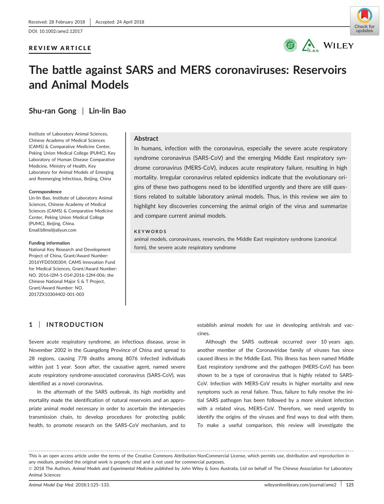 The battle against SARS and MERS coronaviruses: Reservoirs and Animal Models by Unknown