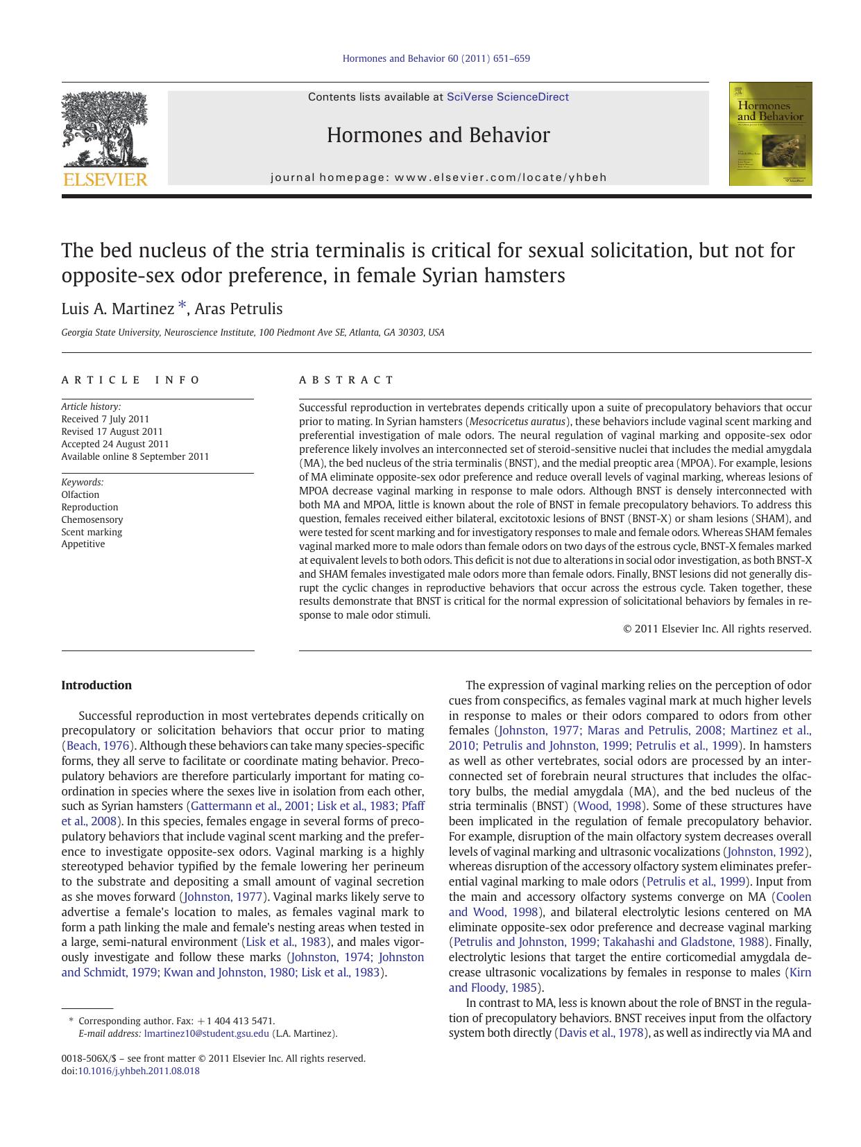 The bed nucleus of the stria terminalis is critical for sexual solicitation, but not for opposite-sex odor preference, in female Syrian hamsters by Luis A. Martinez & Aras Petrulis