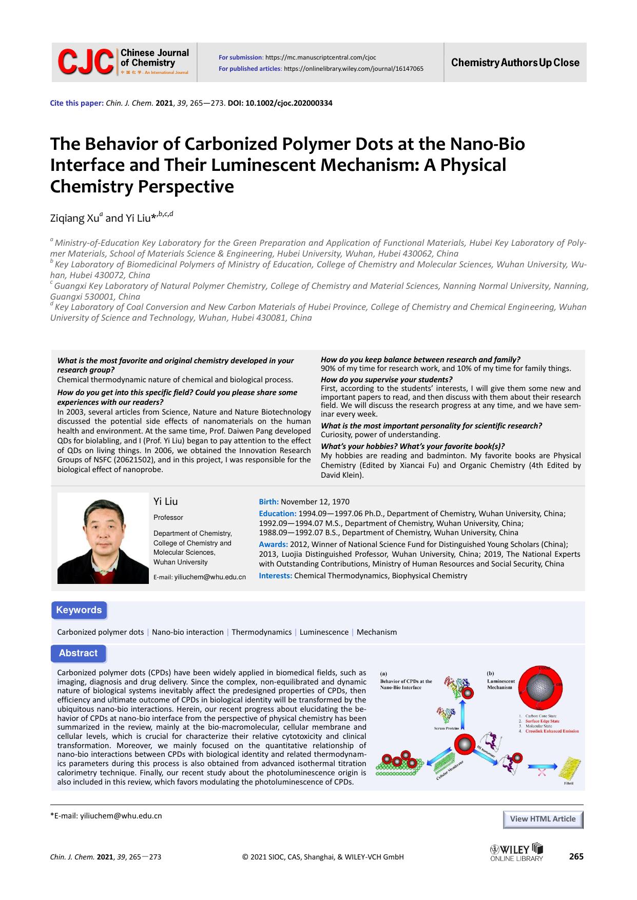 The behavior of carbonized polymer dots at the nano-bio interface and their luminescent mechanism: A physical chemistry perspective by USER