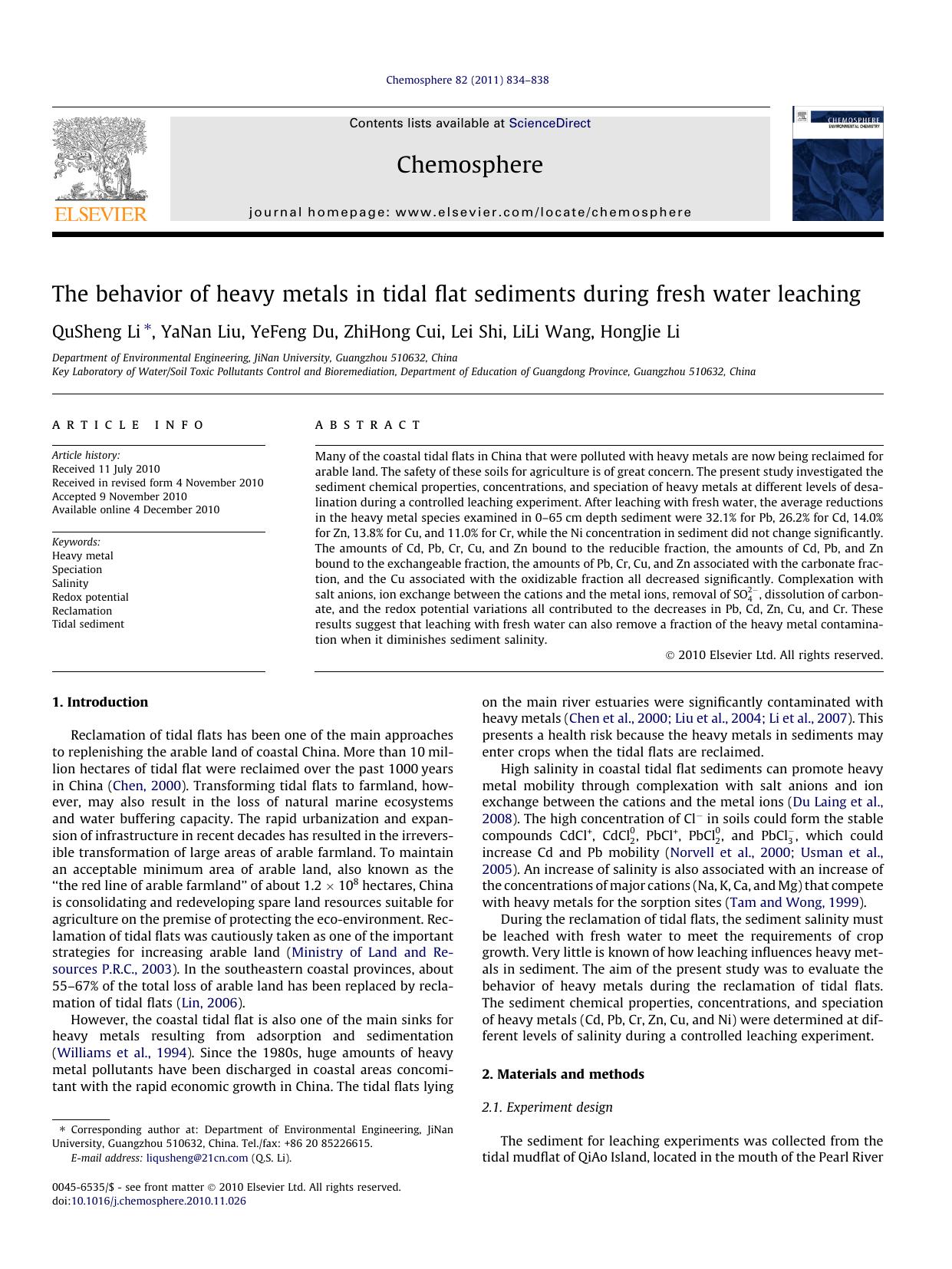 The behavior of heavy metals in tidal flat sediments during fresh water leaching by QuSheng Li & YaNan Liu & YeFeng Du & ZhiHong Cui & Lei Shi & LiLi Wang & HongJie Li