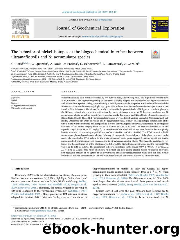 The behavior of nickel isotopes at the biogeochemical interface between ultramafic soils and Ni accumulator species by G. Ratié & C. Quantin & A. Maia De Freitas & G. Echevarria & E. Ponzevera & J. Garnier