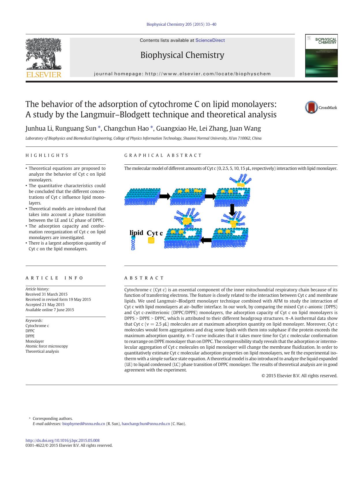 The behavior of the adsorption of cytochrome C on lipid monolayers: A study by the LangmuirâBlodgett technique and theoretical analysis by Junhua Li & Runguang Sun & Changchun Hao & Guangxiao He & Lei Zhang & Juan Wang