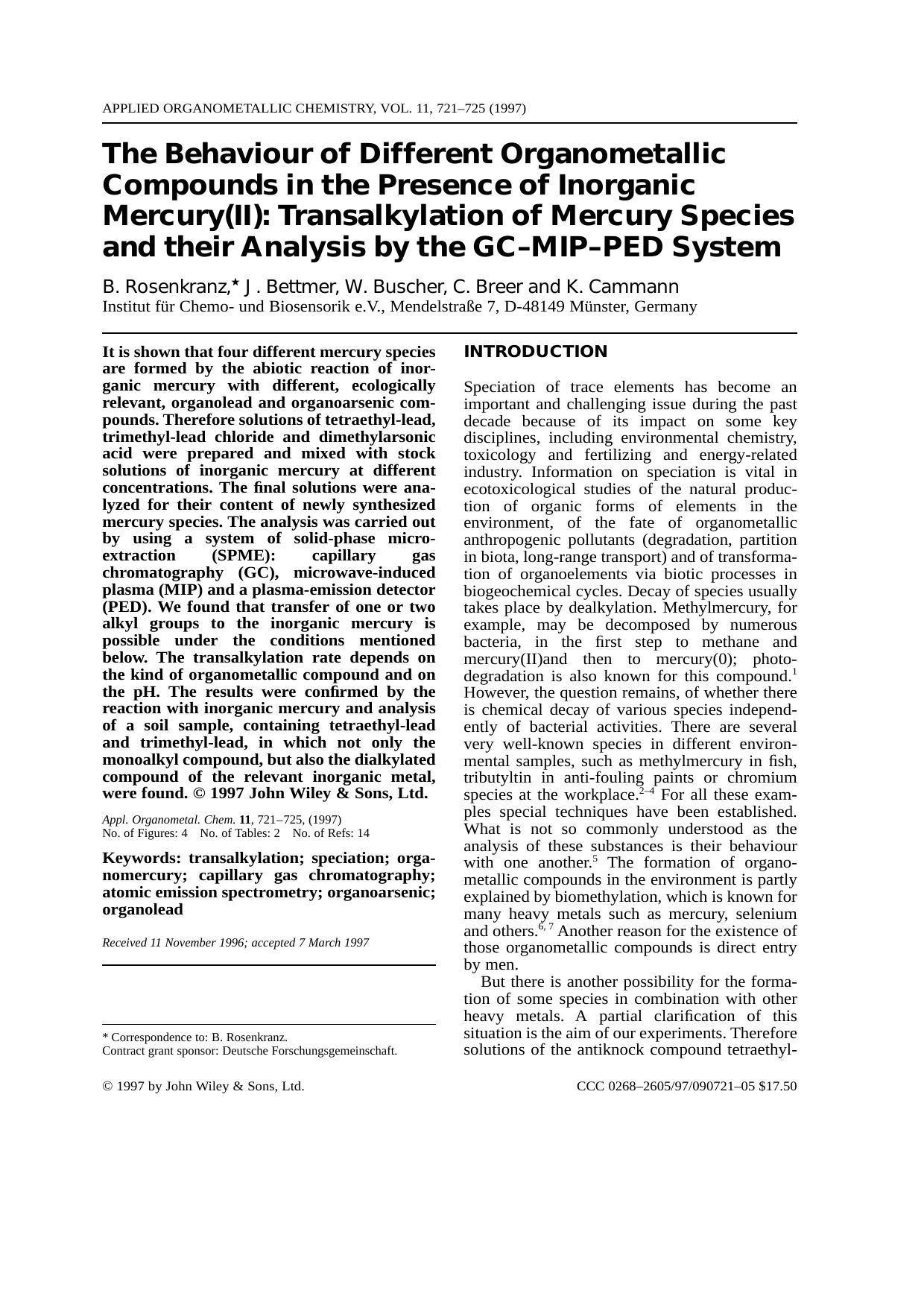 The behaviour of different organometallic compounds in the presence of inorganic mercury(II): transalkylation of mercury species and their analysis by the GC-MIP-PED system by Unknown