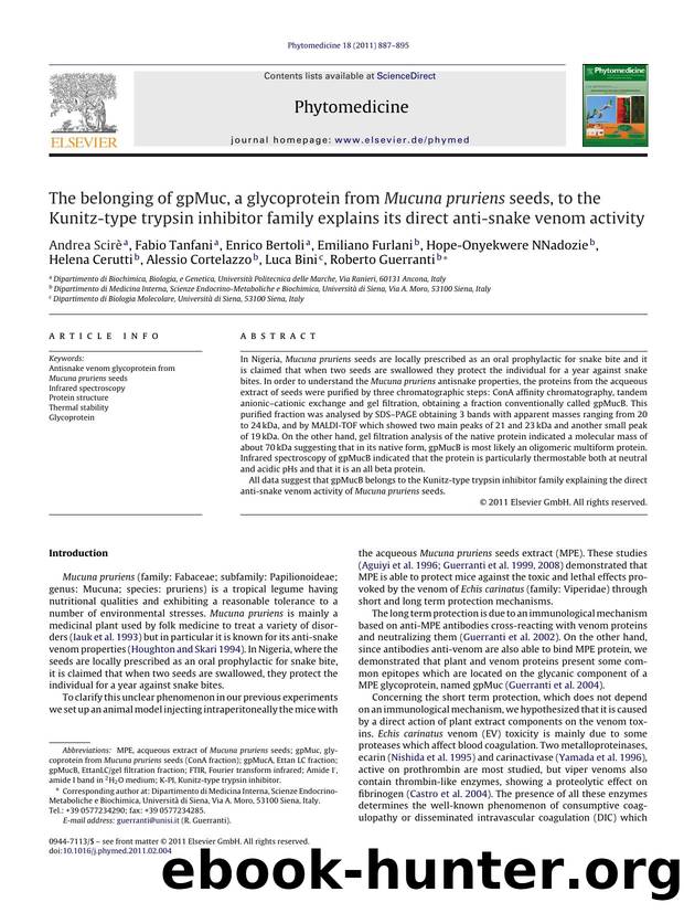 The belonging of gpMuc, a glycoprotein from Mucuna pruriens seeds, to the Kunitz-type trypsin inhibitor family explains its direct anti-snake venom activity by Andrea ScirÃ¨