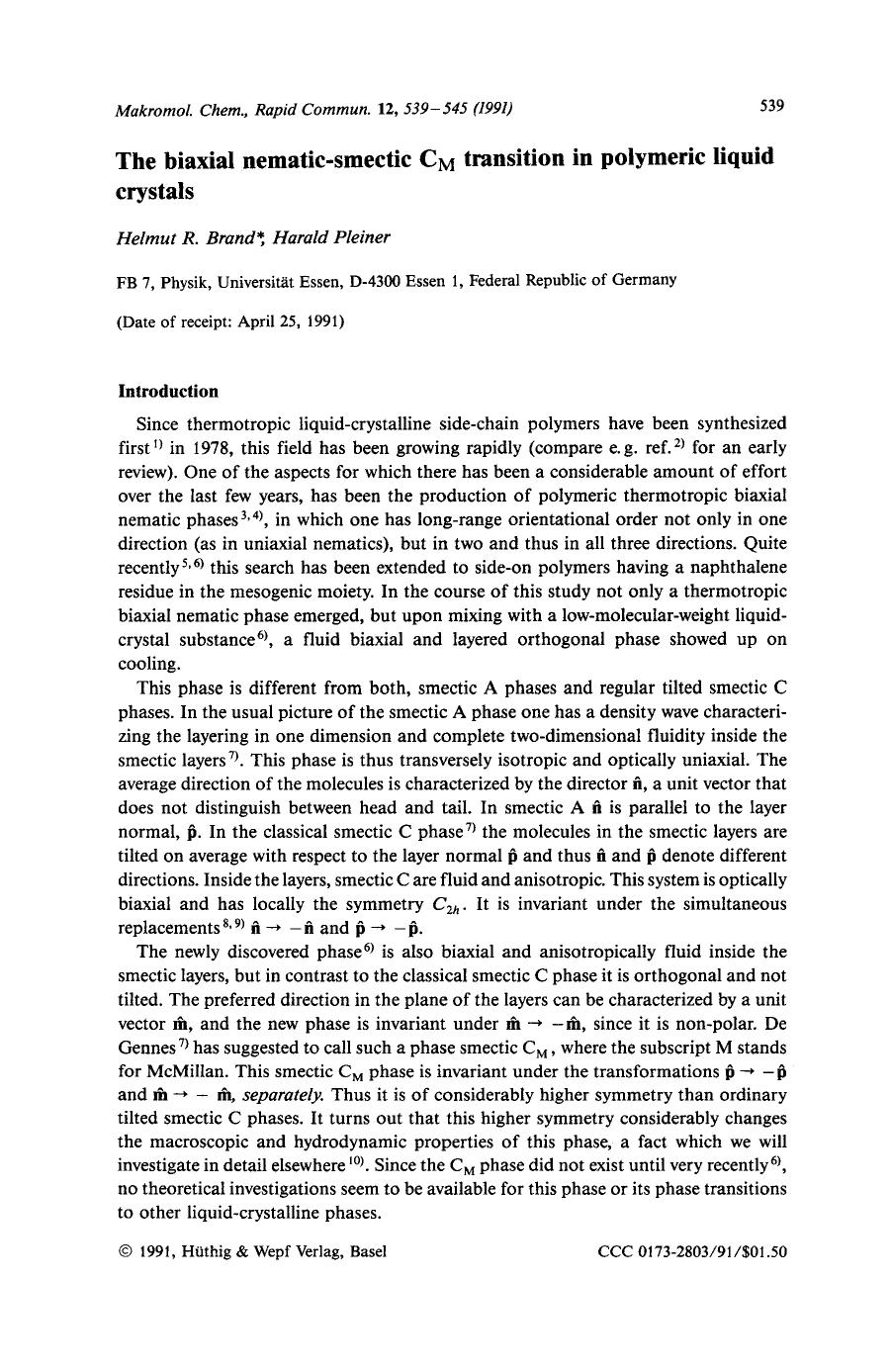 The biaxial nematic-smectic CM transition in polymeric liquid crystals by Unknown