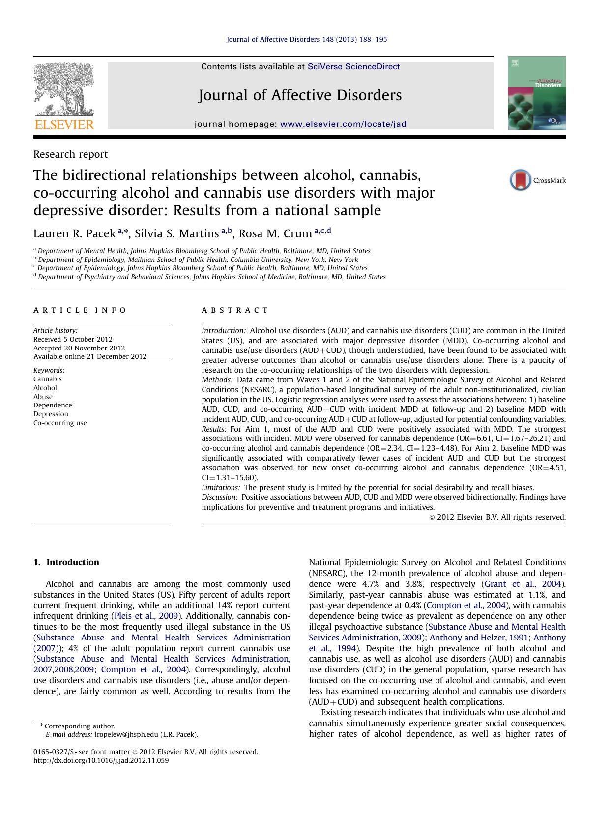 The bidirectional relationships between alcohol, cannabis, co-occurring alcohol and cannabis use disorders with major depressive disorder_ Results from a national sample by Lauren R. Pacek & Silvia S. Martins & Rosa M. Crum