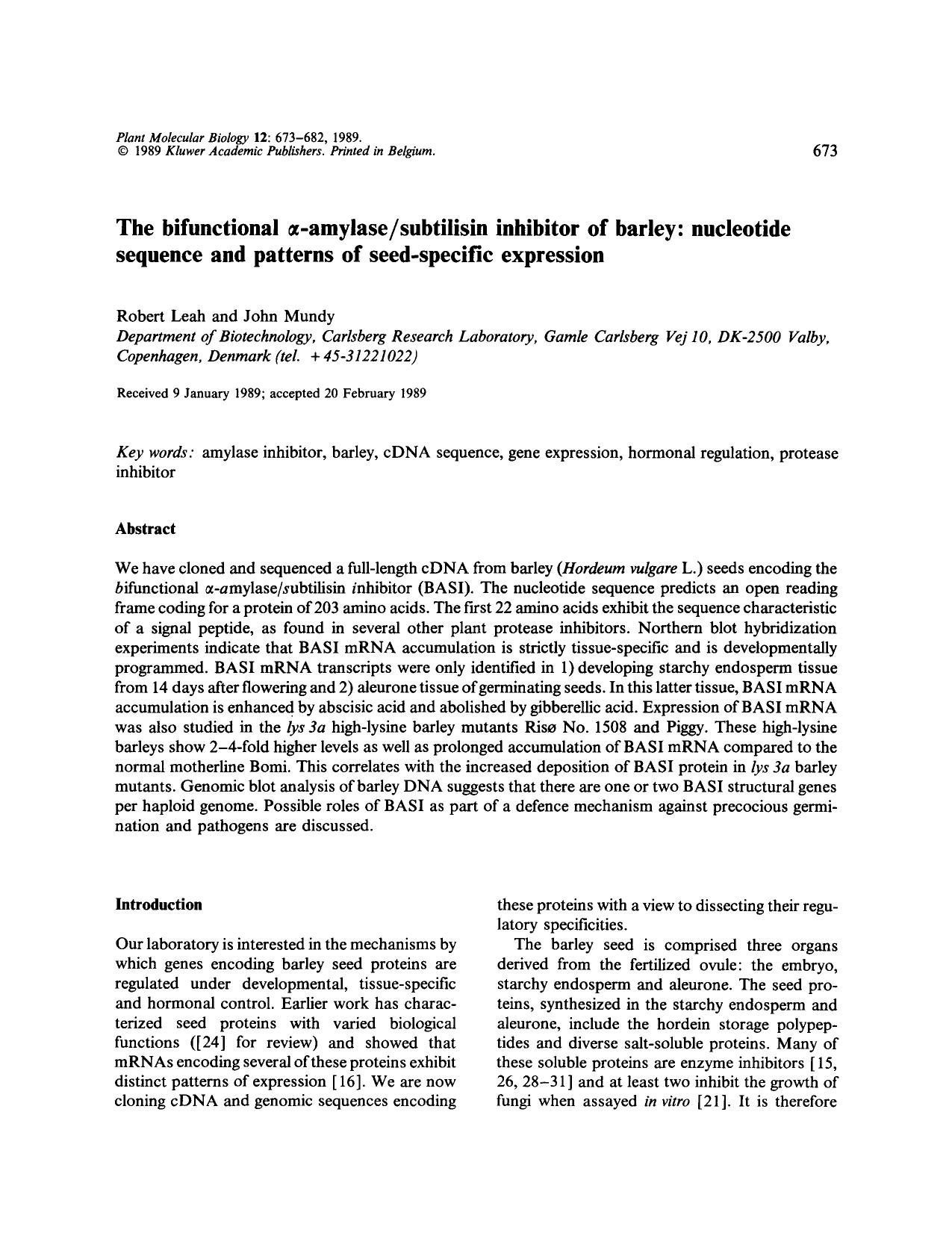 The bifunctional α-amylasesubtilisin inhibitor of barley: nucleotide sequence and patterns of seed-specific expression by Unknown
