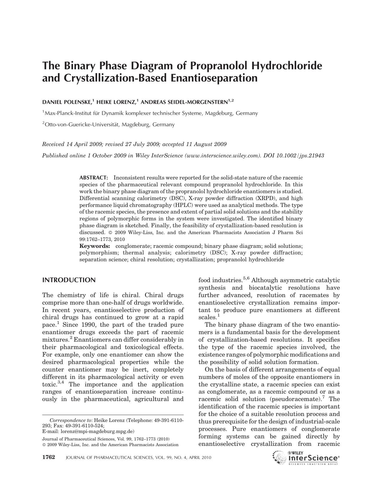 The binary phase diagram of propranolol hydrochloride and crystallization-based enantioseparation by Unknown