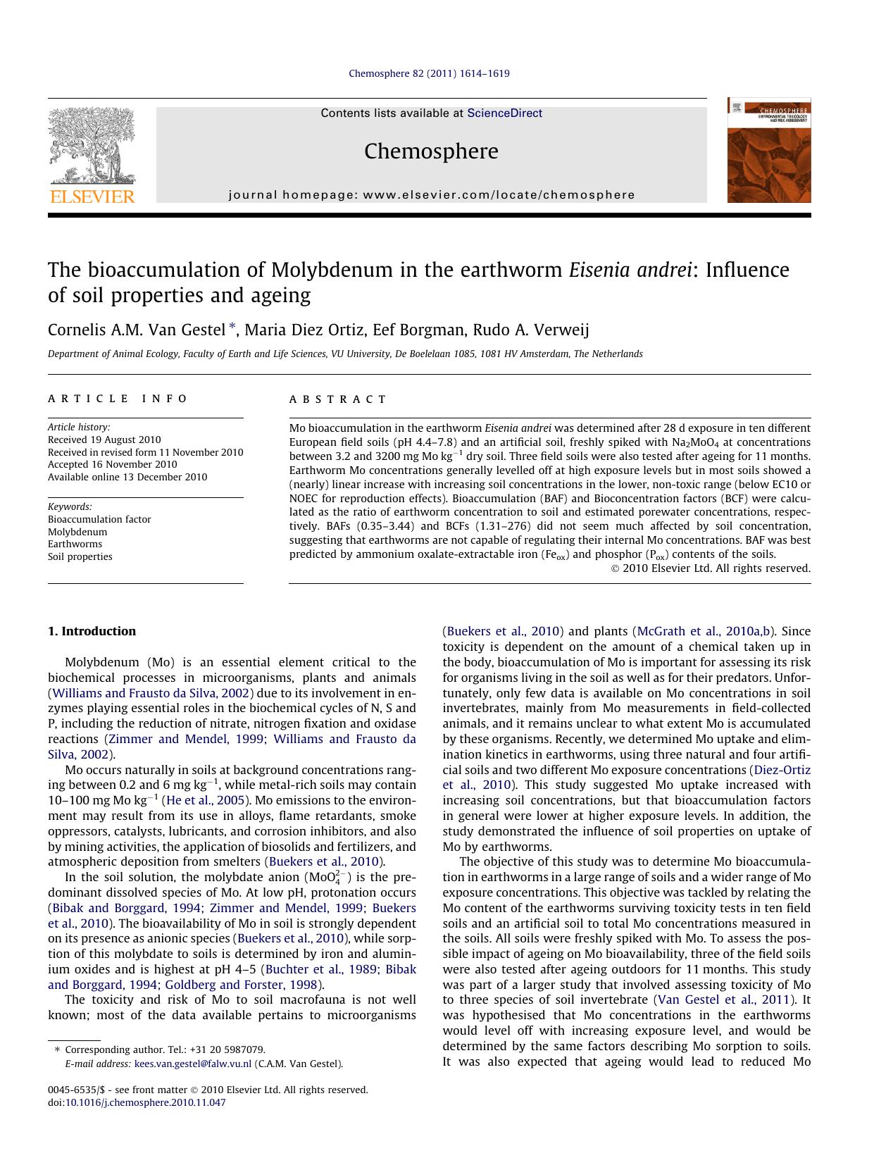 The bioaccumulation of Molybdenum in the earthworm Eisenia andrei: Influence of soil properties and ageing by Cornelis A.M. Van Gestel & Maria Diez Ortiz & Eef Borgman & Rudo A. Verweij