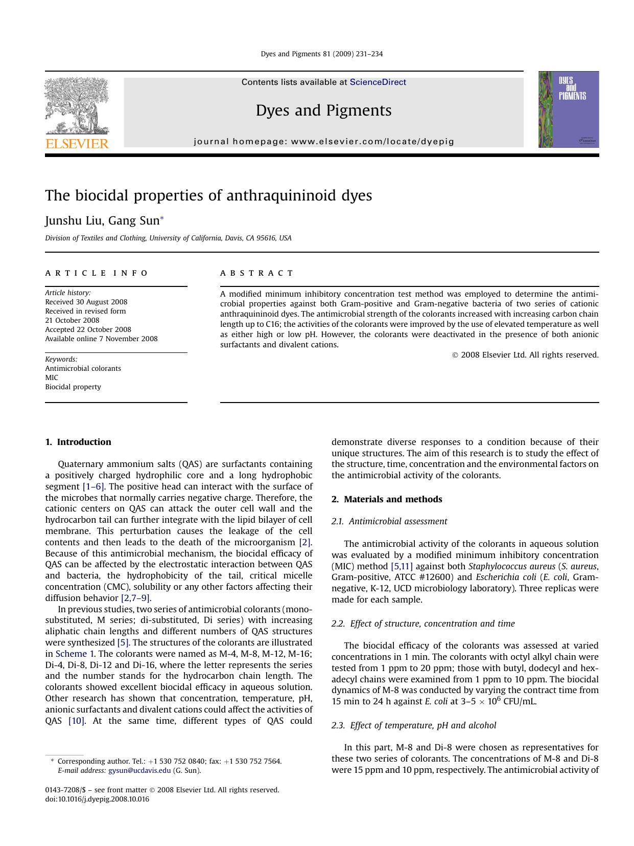 The biocidal properties of anthraquininoid dyes by Junshu Liu; Gang Sun