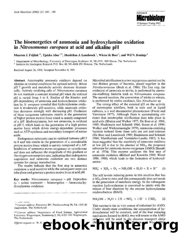 The bioenergetics of ammonia and hydroxylamine oxidation in <Emphasis Type="Italic">Nitrosomonas europaea<Emphasis> at acid and alkaline pH by Unknown