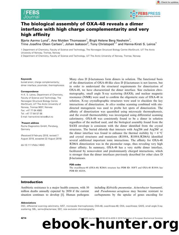 The biological assembly of OXAâ48 reveals a dimer interface with high charge complementarity and very high affinity by Unknown