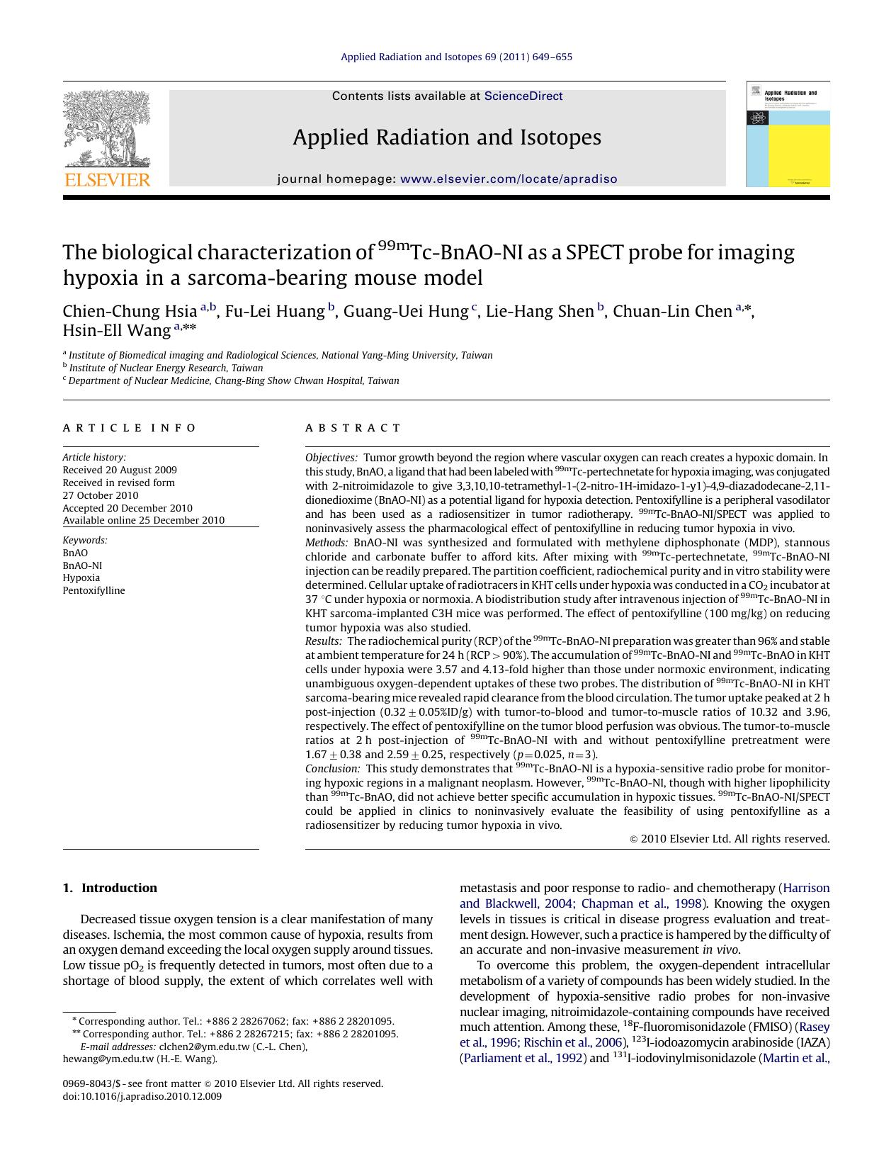 The biological characterization of 99mTc-BnAO-NI as a SPECT probe for imaging hypoxia in a sarcoma-bearing mouse model by Chien-Chung Hsia & Fu-Lei Huang & Guang-Uei Hung & Lie-Hang Shen & Chuan-Lin Chen & Hsin-Ell Wang