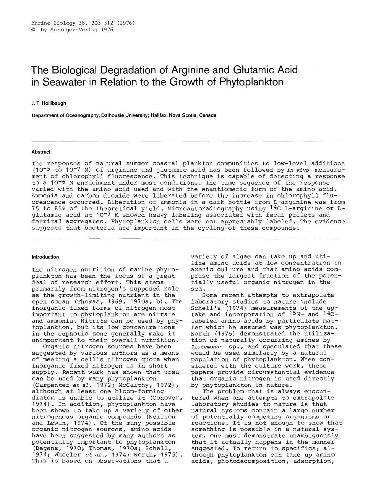 The biological degradation of arginine and glutamic acid in seawater in relation to the growth of phytoplankton by Unknown