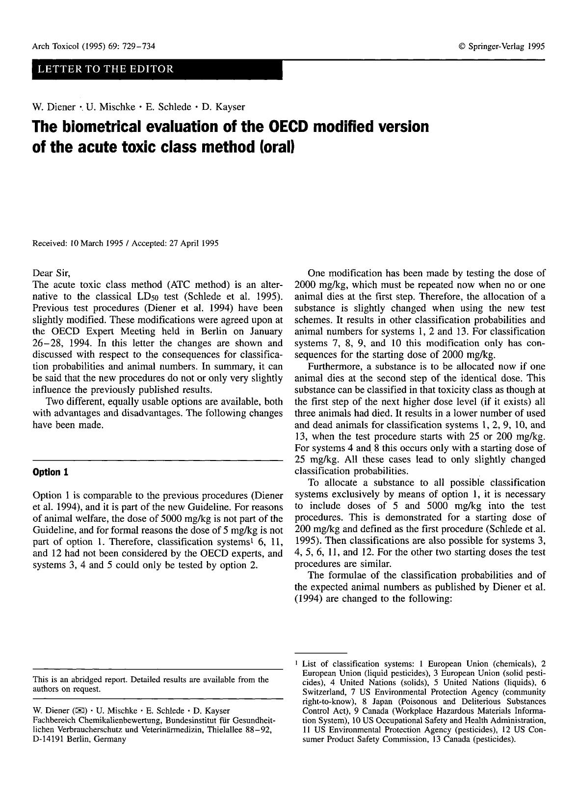 The biometrical evaluation of the OECD modified version of the acute toxic class method (oral) by Unknown
