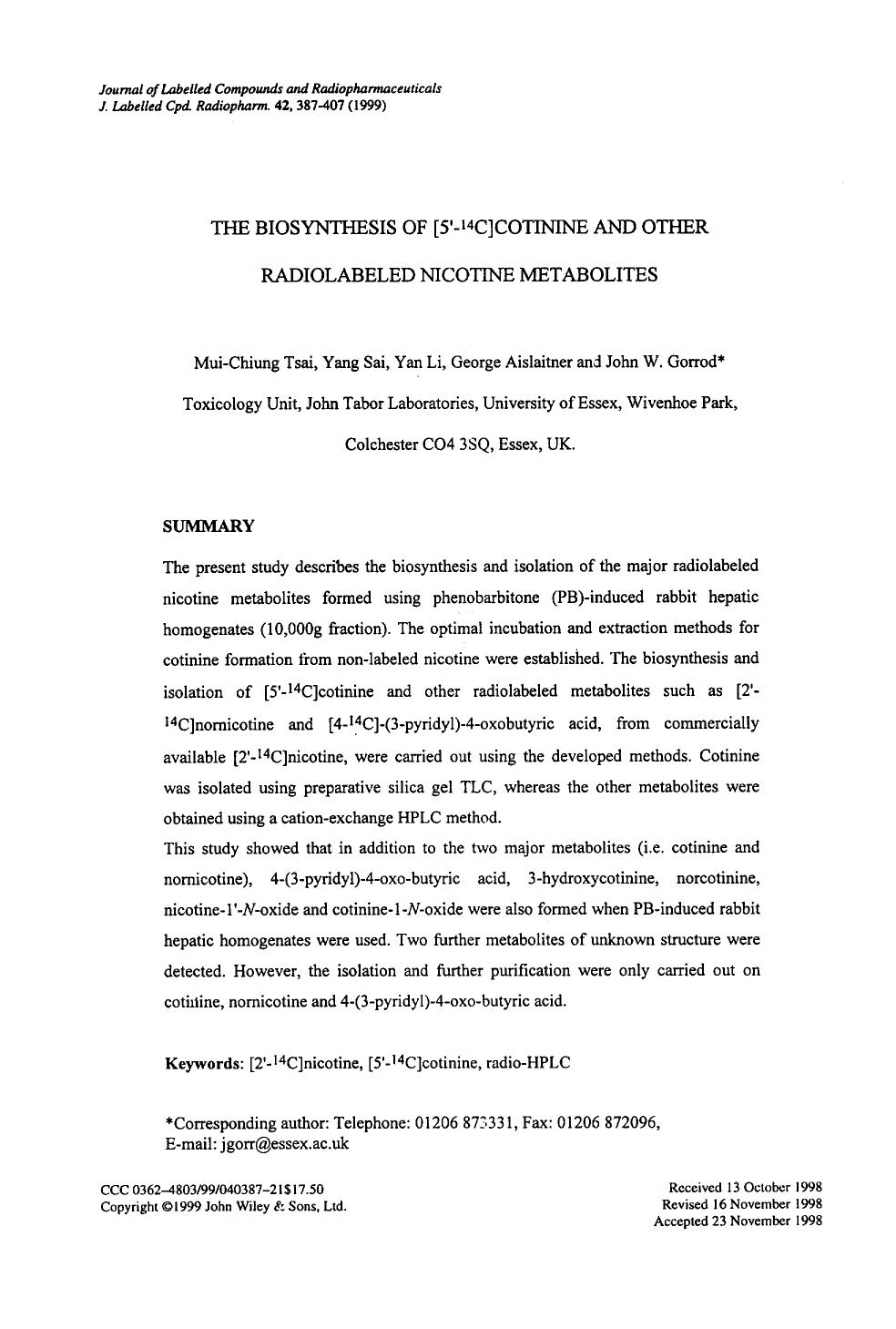 The biosynthesis of [5[prime]-14C]cotinine and other radiolabeled nicotine metabolites by Unknown