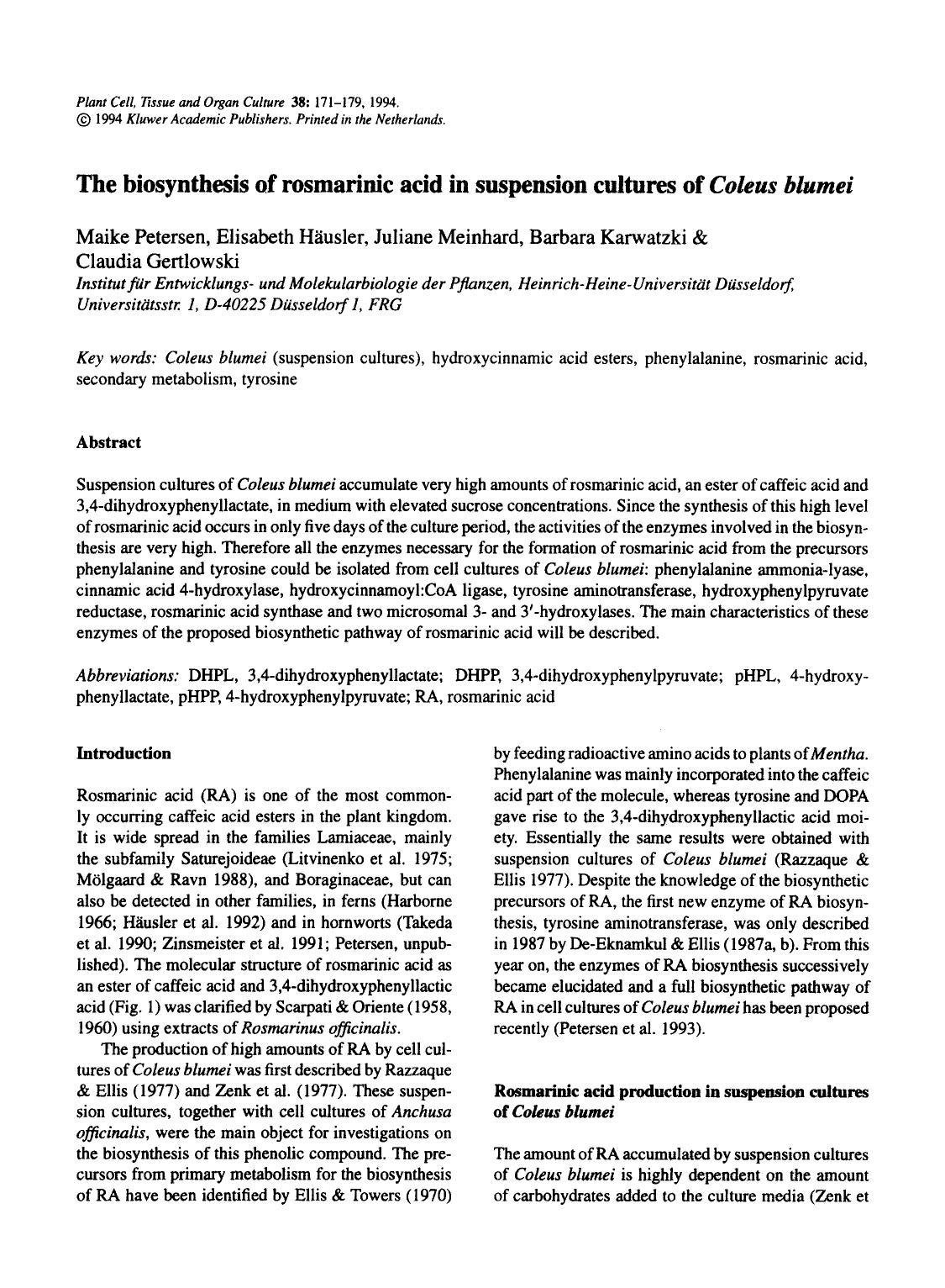 The biosynthesis of rosmarinic acid in suspension cultures of <Emphasis Type="Italic">Coleus blumei <Emphasis> by Unknown