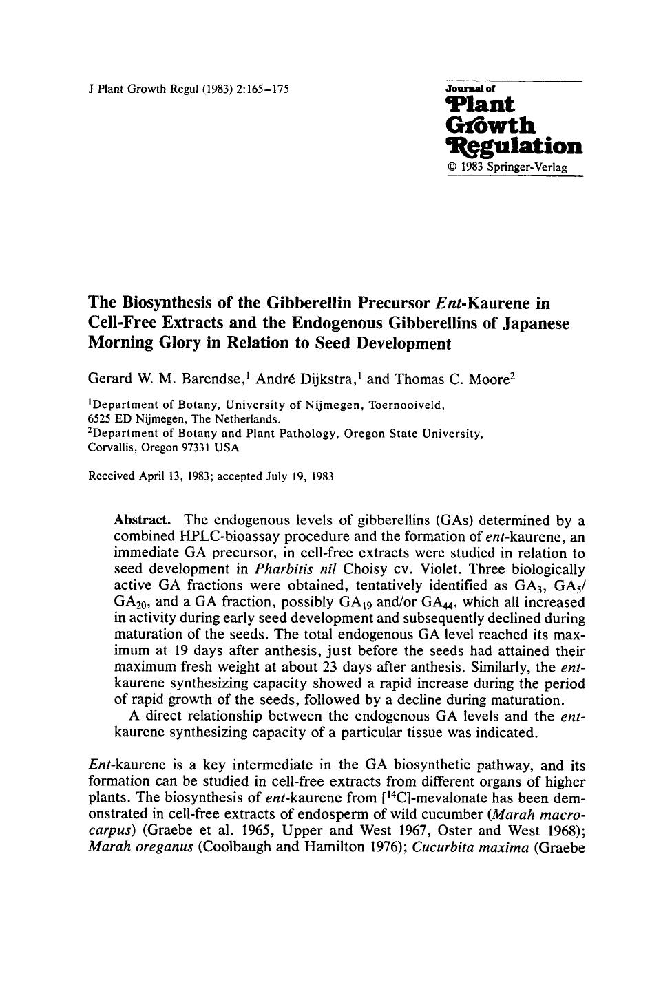 The biosynthesis of the gibberellin precursor <Emphasis Type="Italic">ent <Emphasis>-kaurene in cell-free extracts and the endogenous gibberellins of Japanese morning glory in rela by Unknown