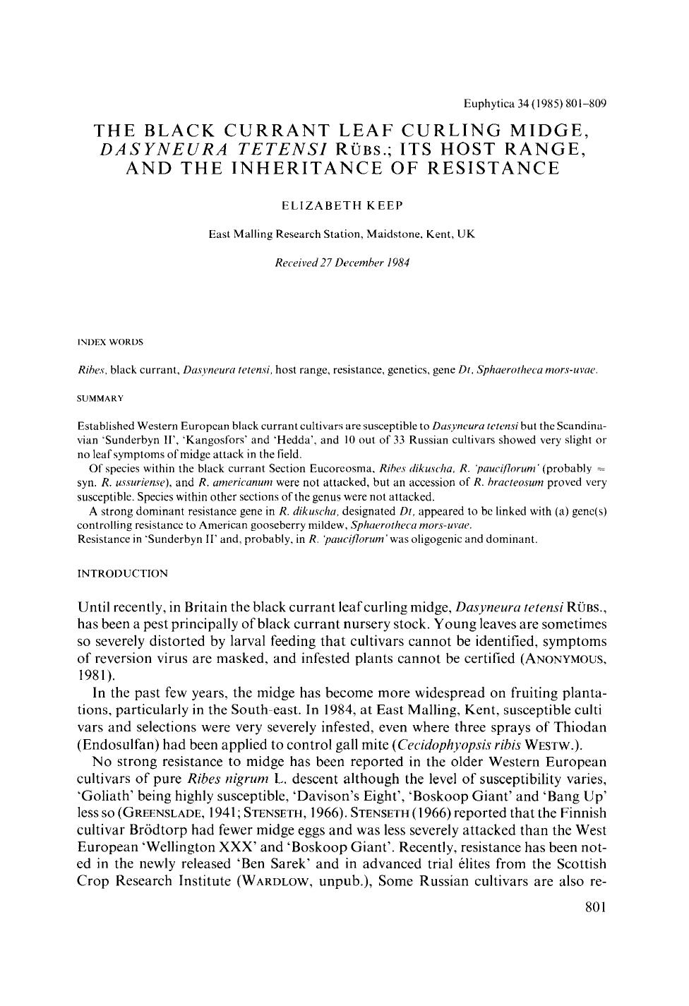 The black currant leaf curling midge, <Emphasis Type="Italic">Dasyneura tetensi <Emphasis> <Emphasis Type="SmallCaps">Rübs. <Emphasis>; its host range, and the inheritance of resistance by Unknown