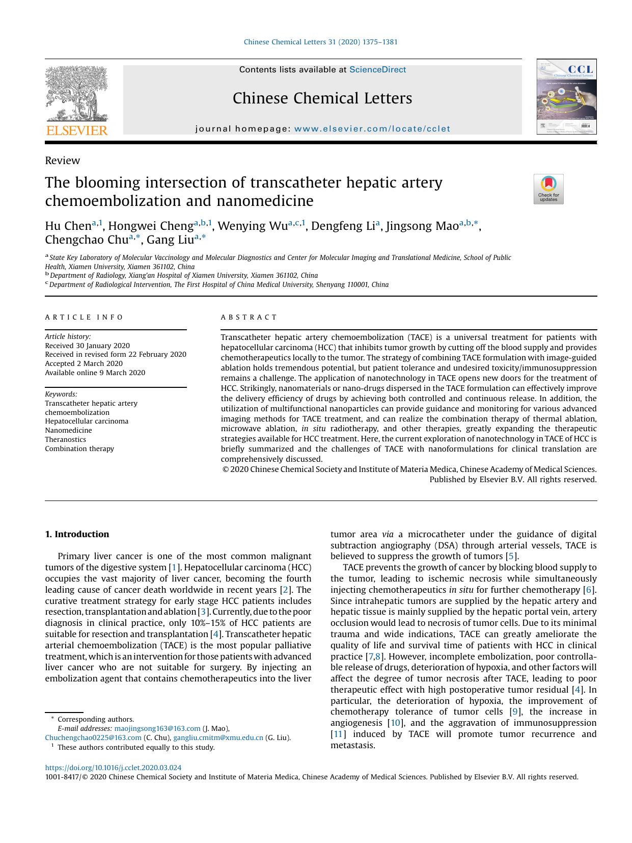 The blooming intersection of transcatheter hepatic artery chemoembolization and nanomedicine by Hu Chen & Hongwei Cheng & Wenying Wu & Dengfeng Li & Jingsong Mao & Chengchao Chu & Gang Liu