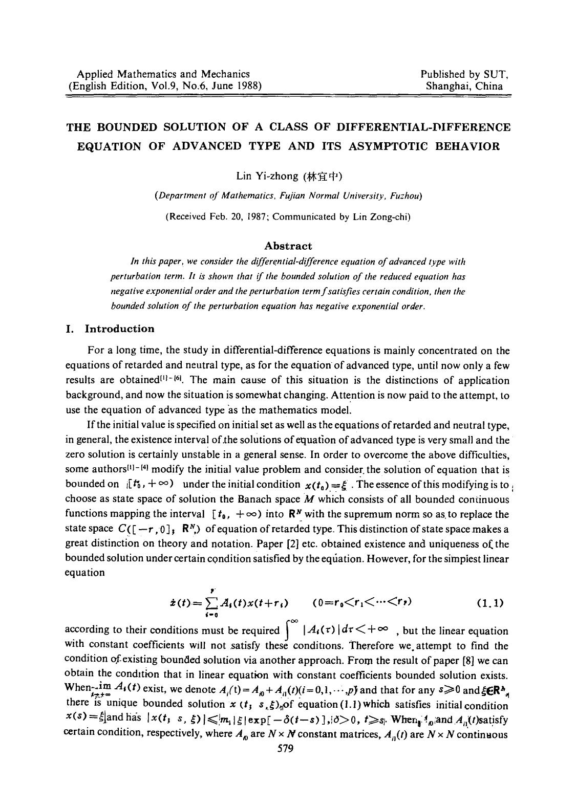 The bounded solution of a class of differential-difference equation of advanced type and its asymptotic behavior by Unknown