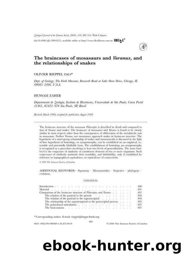 The braincases of mosasaurs and Varanus, and the relationships of snakes by Rieppel O. & Zaher H