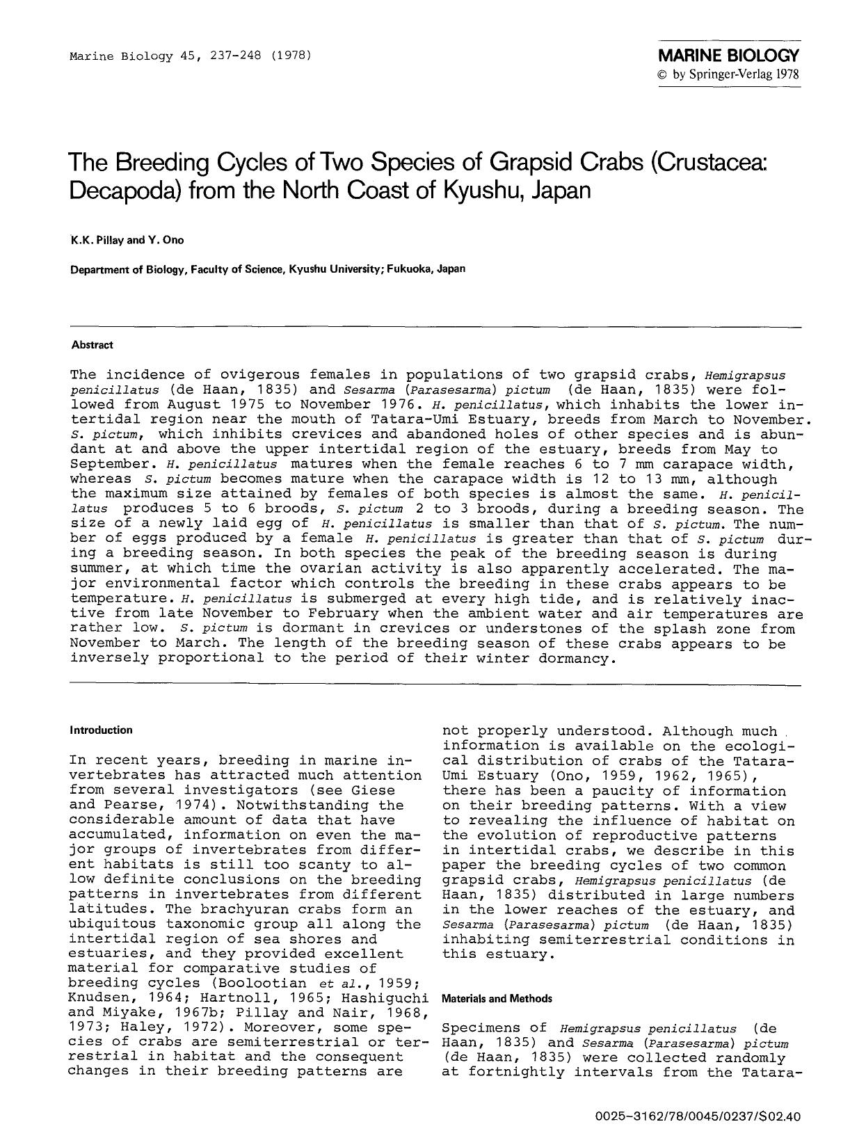 The breeding cycles of two species of grapsid crabs (Crustacea: Decapoda) from the North Coast of Kyushu, Japan by Unknown