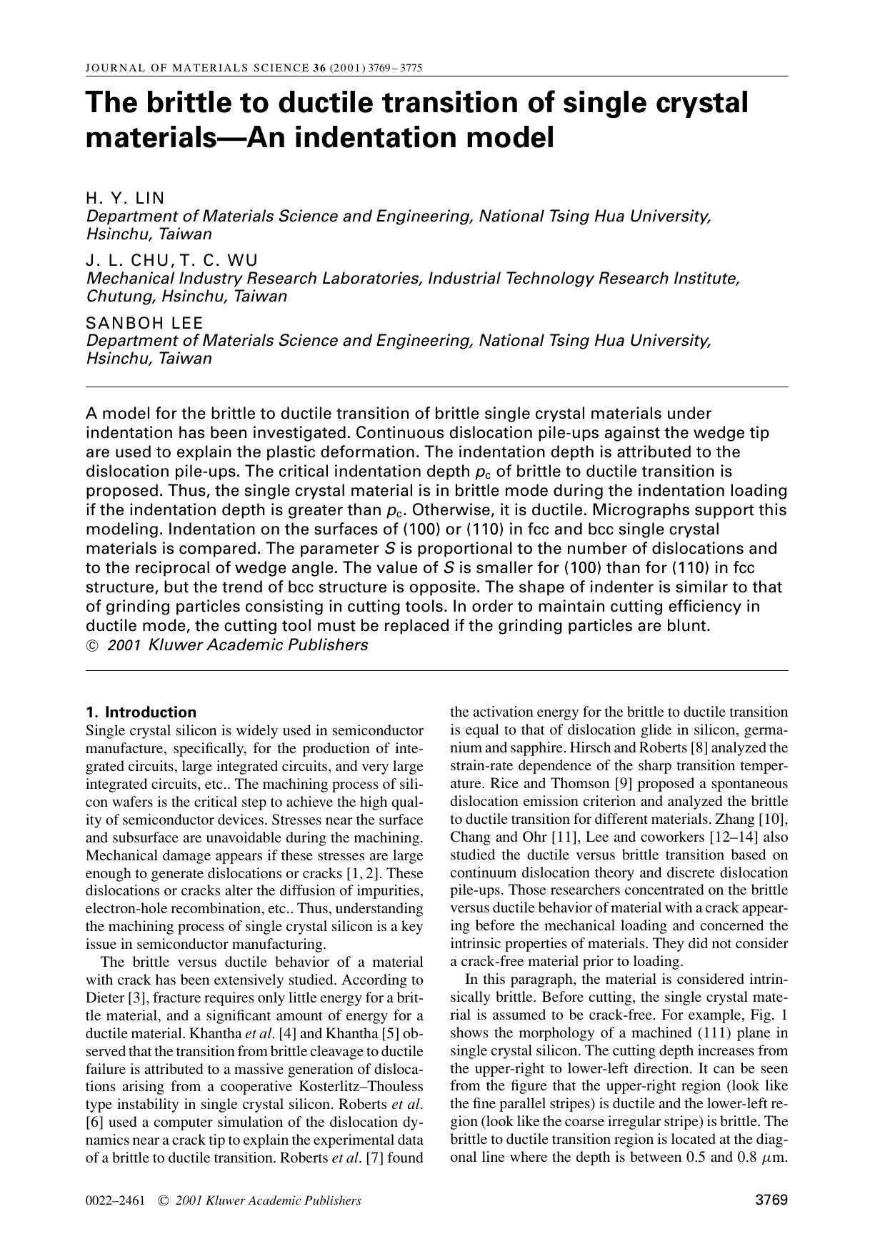 The brittle to ductile transition of single crystal materials—An indentation model by Unknown