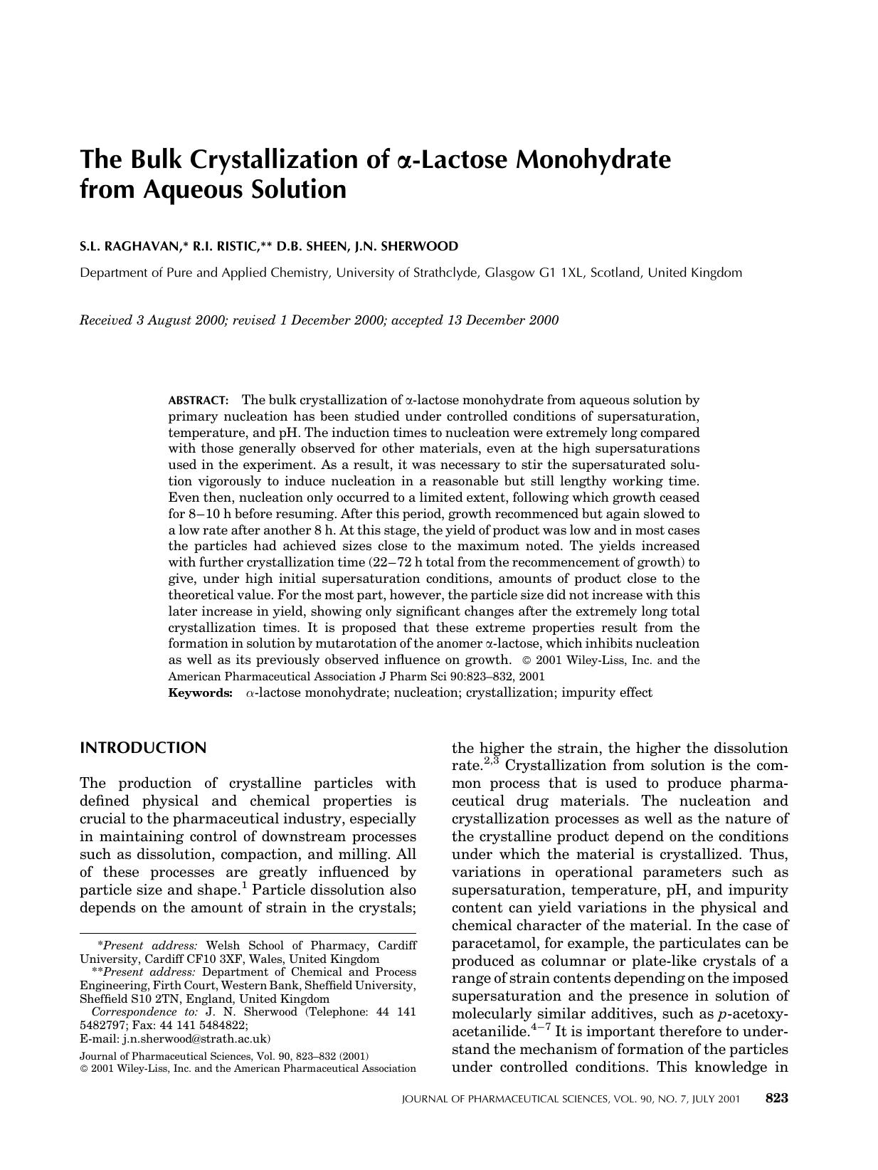 The bulk crystallization of [alpha]-lactose monohydrate from aqueous solution by Unknown
