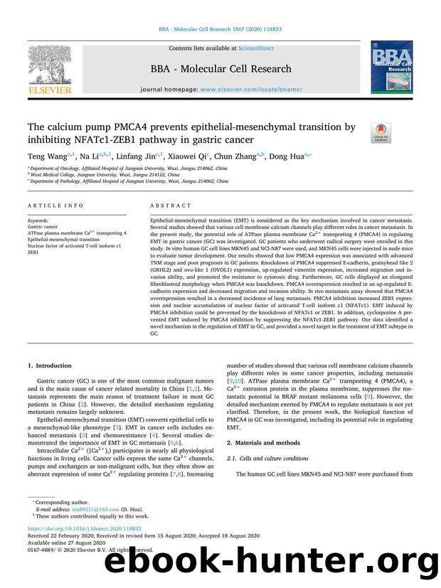 The calcium pump PMCA4 prevents epithelial-mesenchymal transition by inhibiting NFATc1-ZEB1 pathway in gastric cancer by Teng Wang & Na Li & Linfang Jin & Xiaowei Qi & Chun Zhang & Dong Hua
