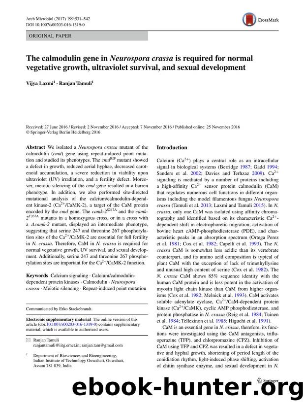 The calmodulin gene in Neurospora crassa is required for normal vegetative growth, ultraviolet survival, and sexual development by Vijya Laxmi & Ranjan Tamuli