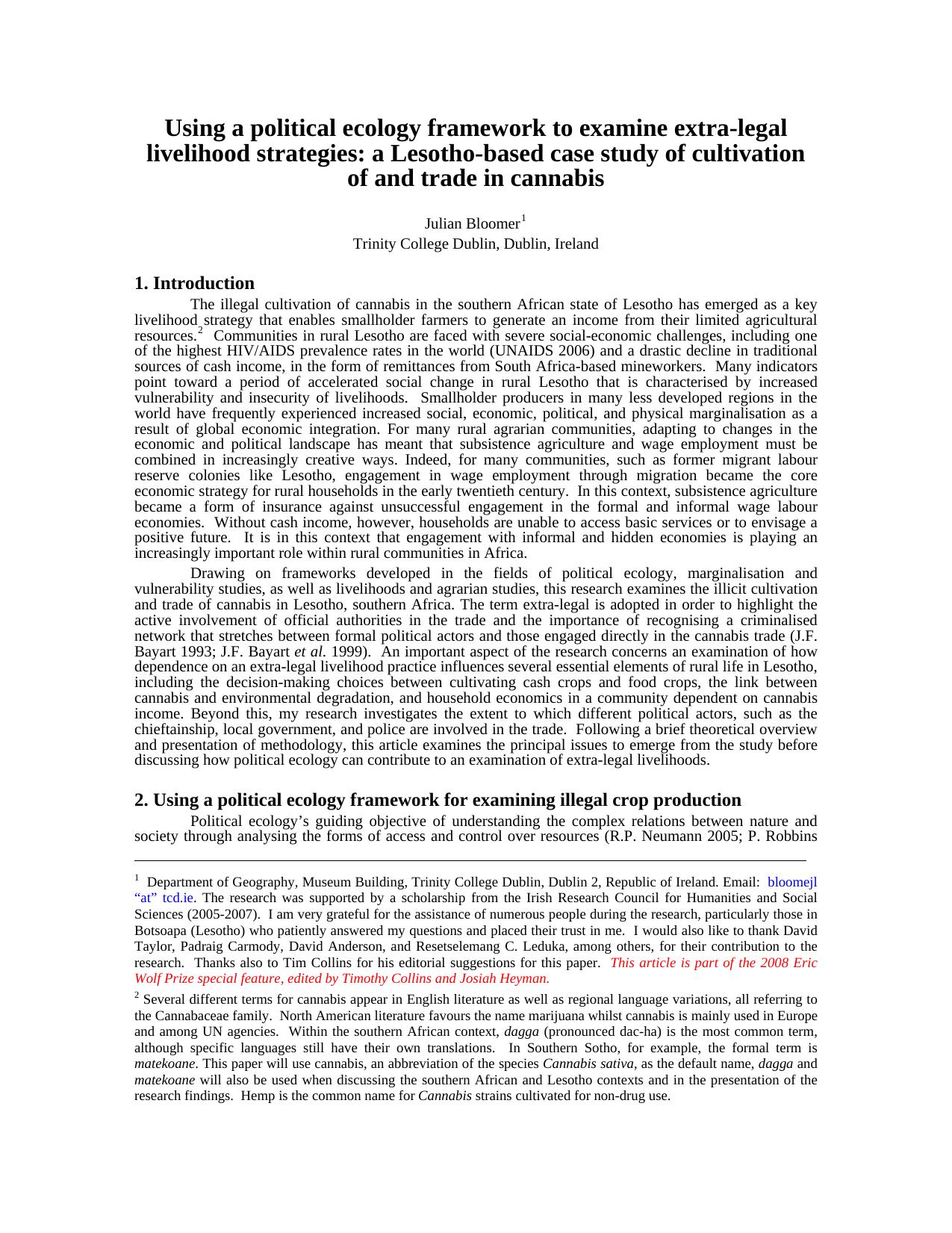 The cannabis economy: fluctuation, income distribution, livelihood diversification, and gender issues by Julian Bloomer