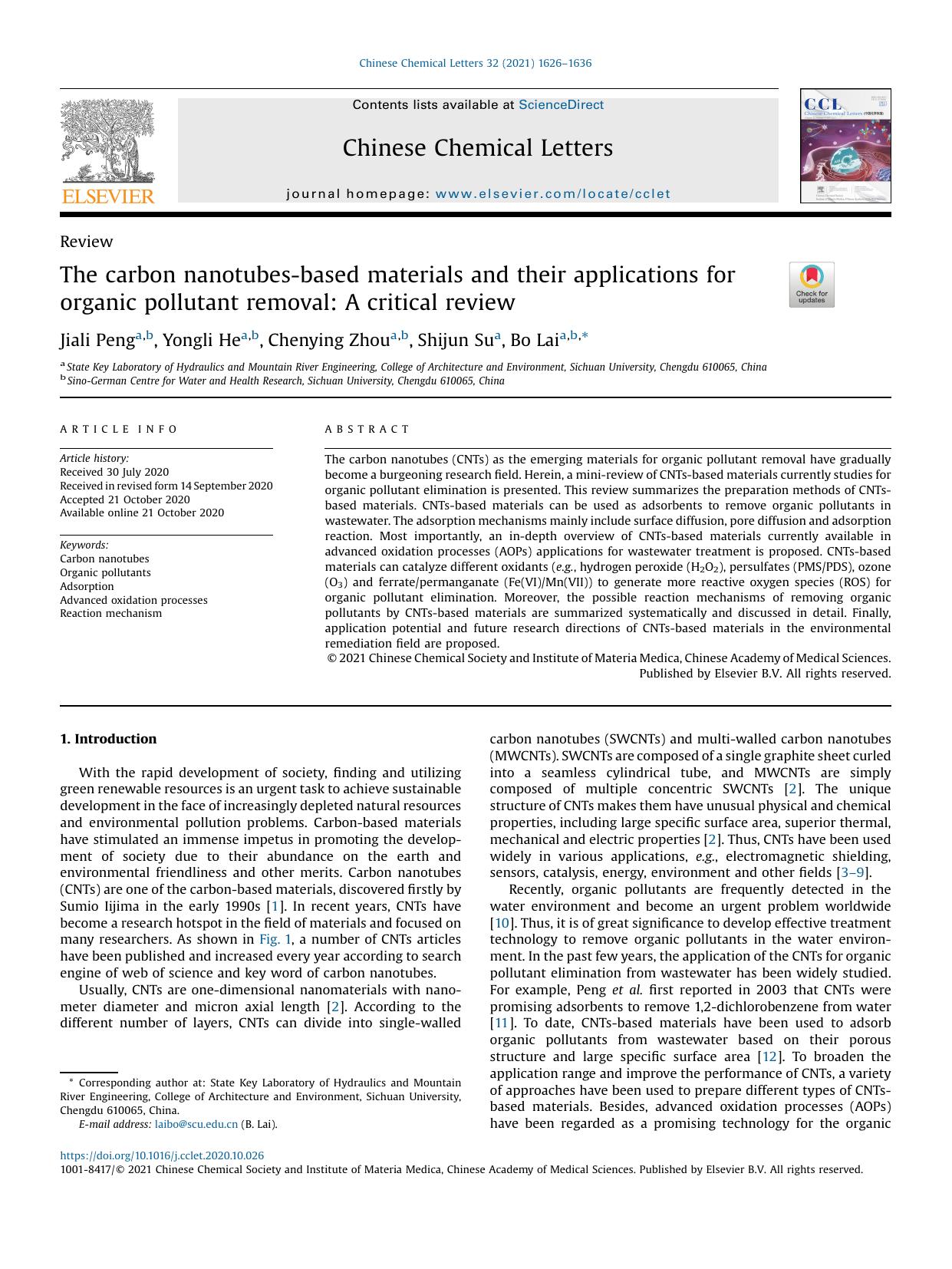The carbon nanotubes-based materials and their applications for organic pollutant removal: A critical review by Jiali Peng & Yongli He & Chenying Zhou & Shijun Su & Bo Lai