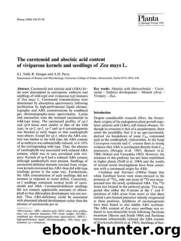 The carotenoid and abscisic acid content of viviparous kernels and seedlings of <Emphasis Type="Italic">Zea mays <Emphasis> L. by Unknown