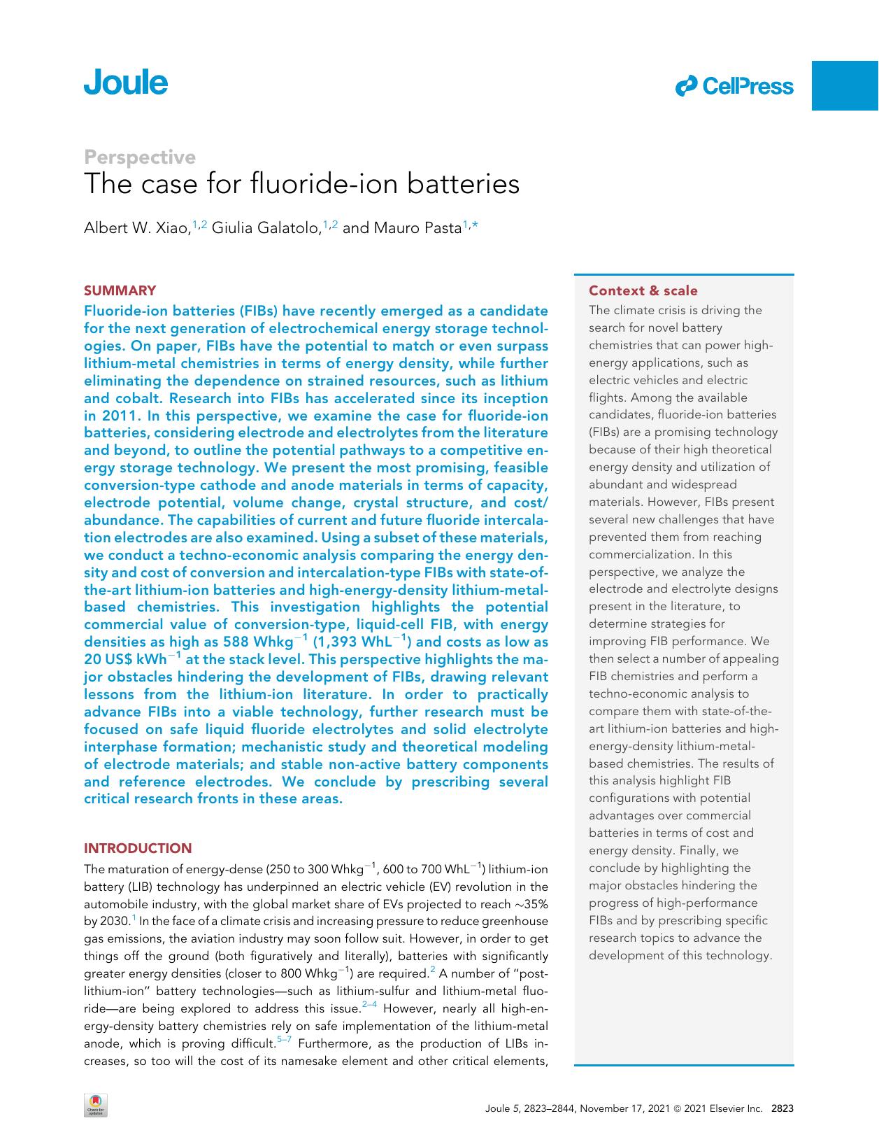 The case for fluoride-ion batteries by Albert W. Xiao & Giulia Galatolo & Mauro Pasta