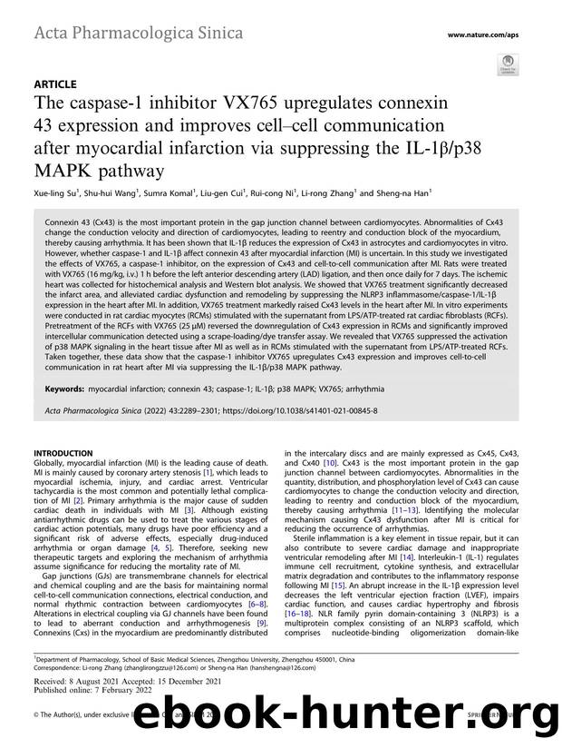 The caspase-1 inhibitor VX765 upregulates connexin 43 expression and improves cellÃ¢â¬âcell communication after myocardial infarction via suppressing the IL-1ÃÂ²p38 MAPK pathway by Xue-ling Su & Shu-hui Wang & Sumra Komal & Liu-gen Cui & Rui-cong Ni & Li-rong Zhang & Sheng-na Han