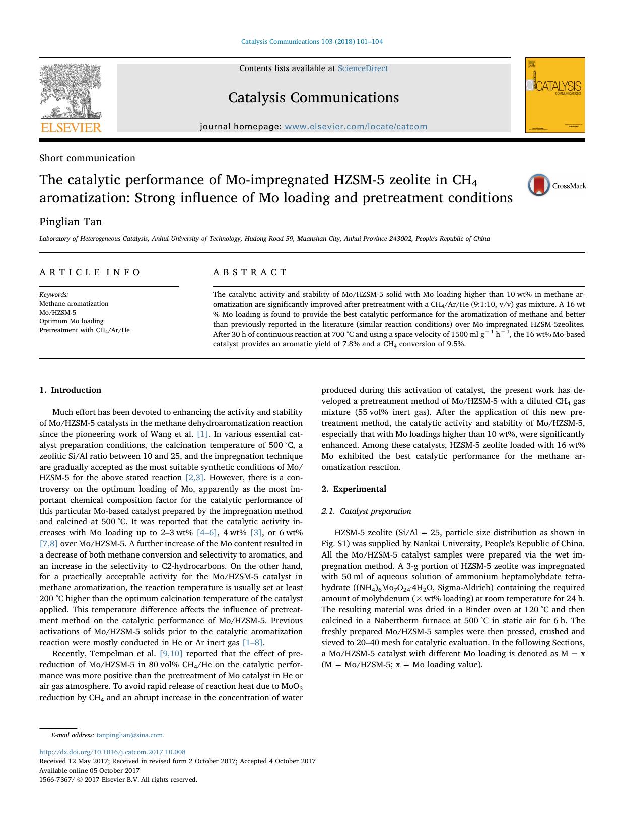 The catalytic performance of Mo-impregnated HZSM-5 zeolite in CH4 aromatization_ Strong influence of Mo loading and pretreatment conditions by Pinglian Tan