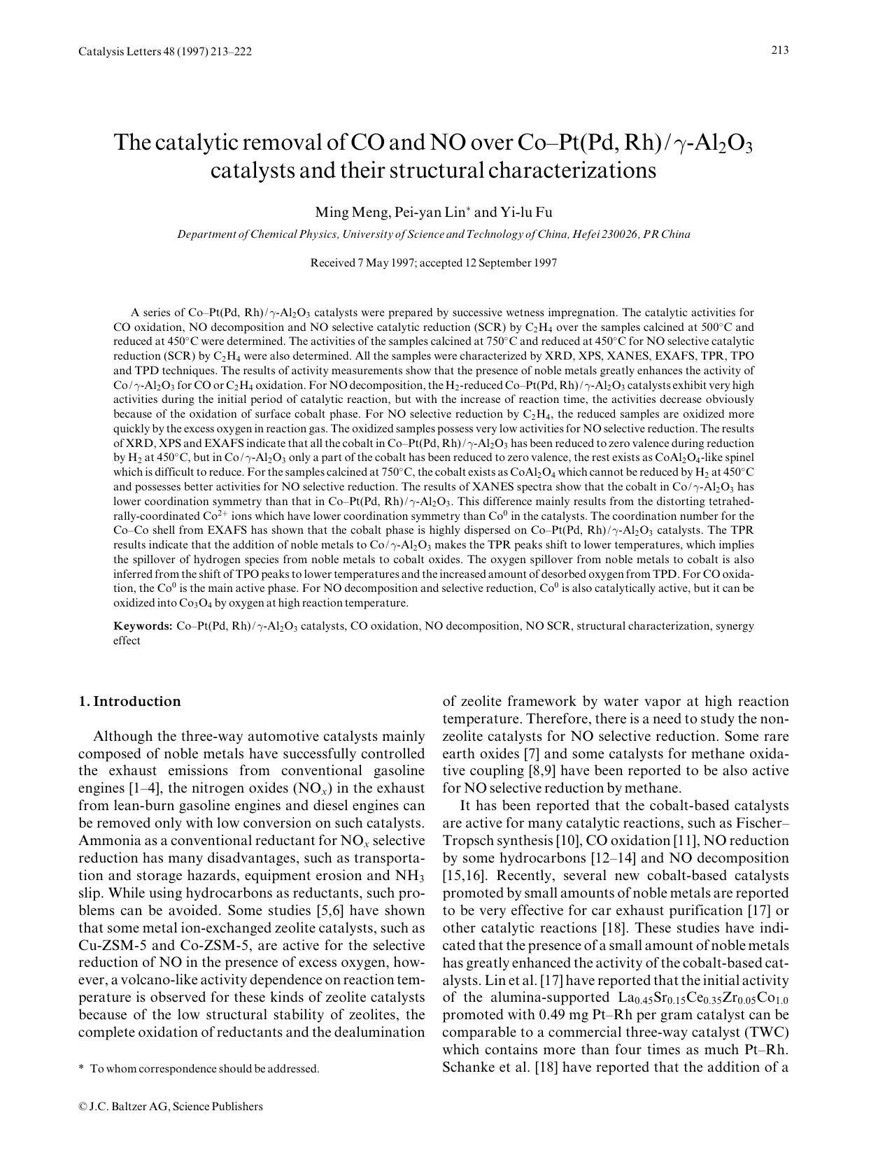 The catalytic removal of CO and NO over Co-Pt(Pd, Rh)γ-Al<Subscript>2<Subscript>O<Subscript>3<Subscript> catalysts and their structural characterizations by Unknown