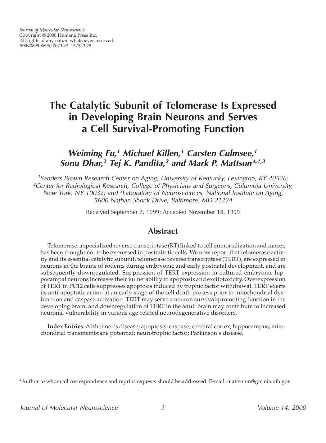 The catalytic subunit of telomerase is expressed in developing brain neurons and serves a cell survival-promoting function by Unknown