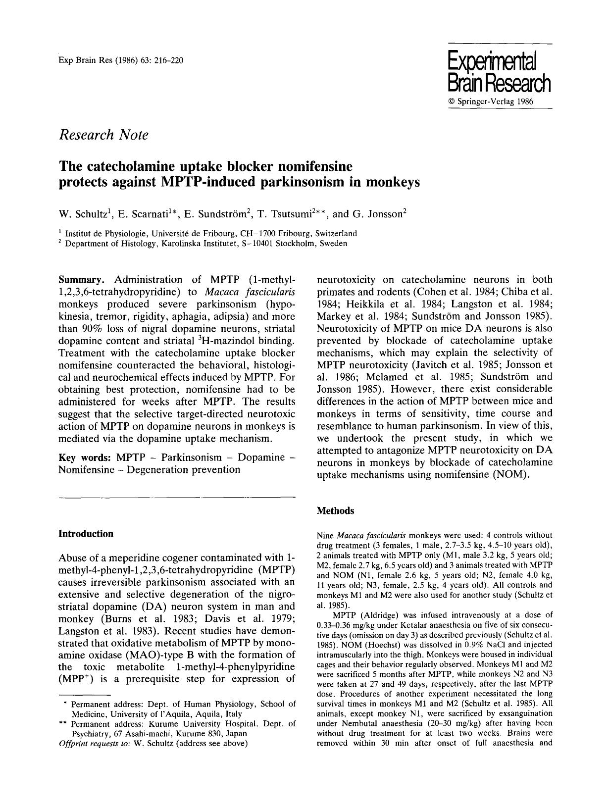 The catecholamine uptake blocker nomifensine protects against MPTP-induced parkinsonism in monkeys by Unknown